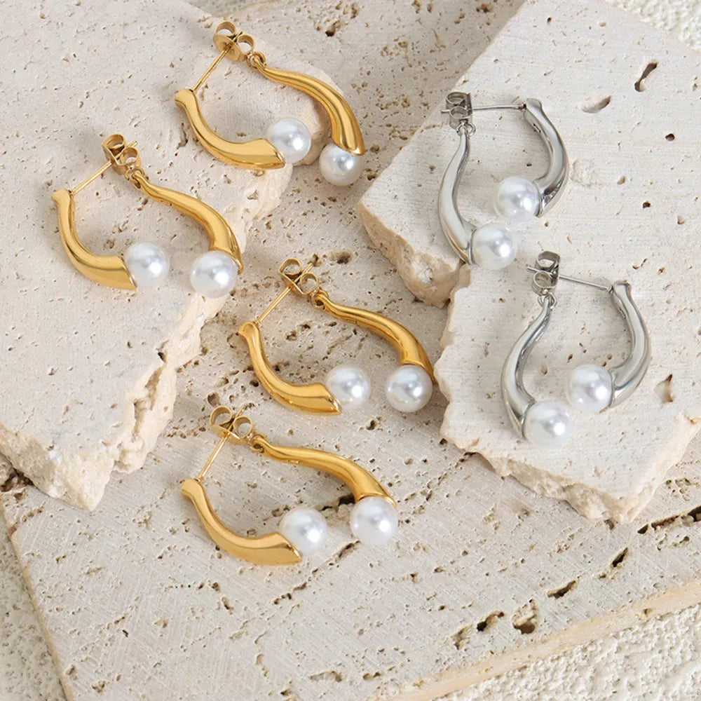 Elegant split design with high gloss pearl inlay simple titanium steel gold-plated earrings - V.I.P Digital Presence