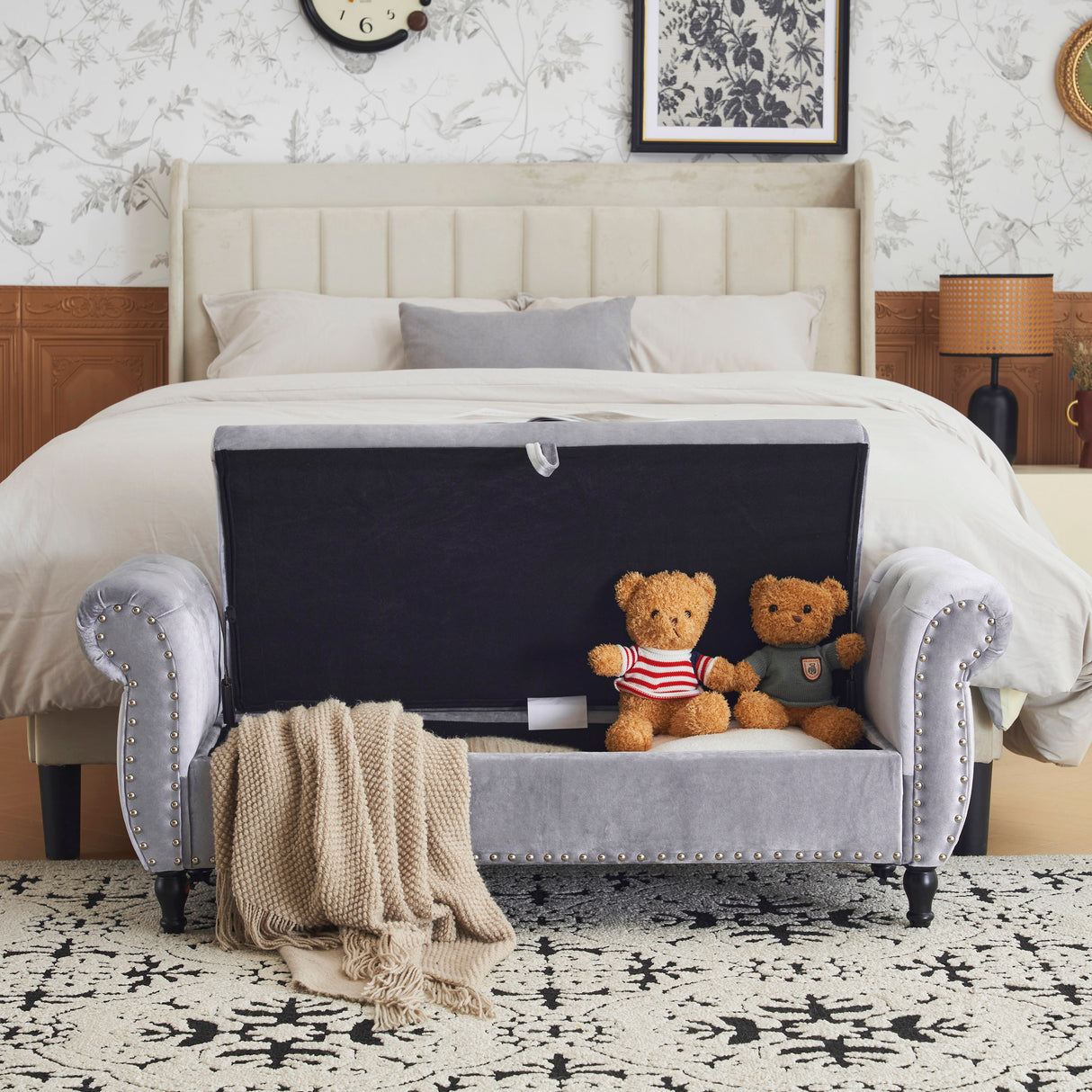 Velvet Multifunctional Storage Rectangular ottoman bench with 1 Pillow, grey - V.I.P Digital Presence