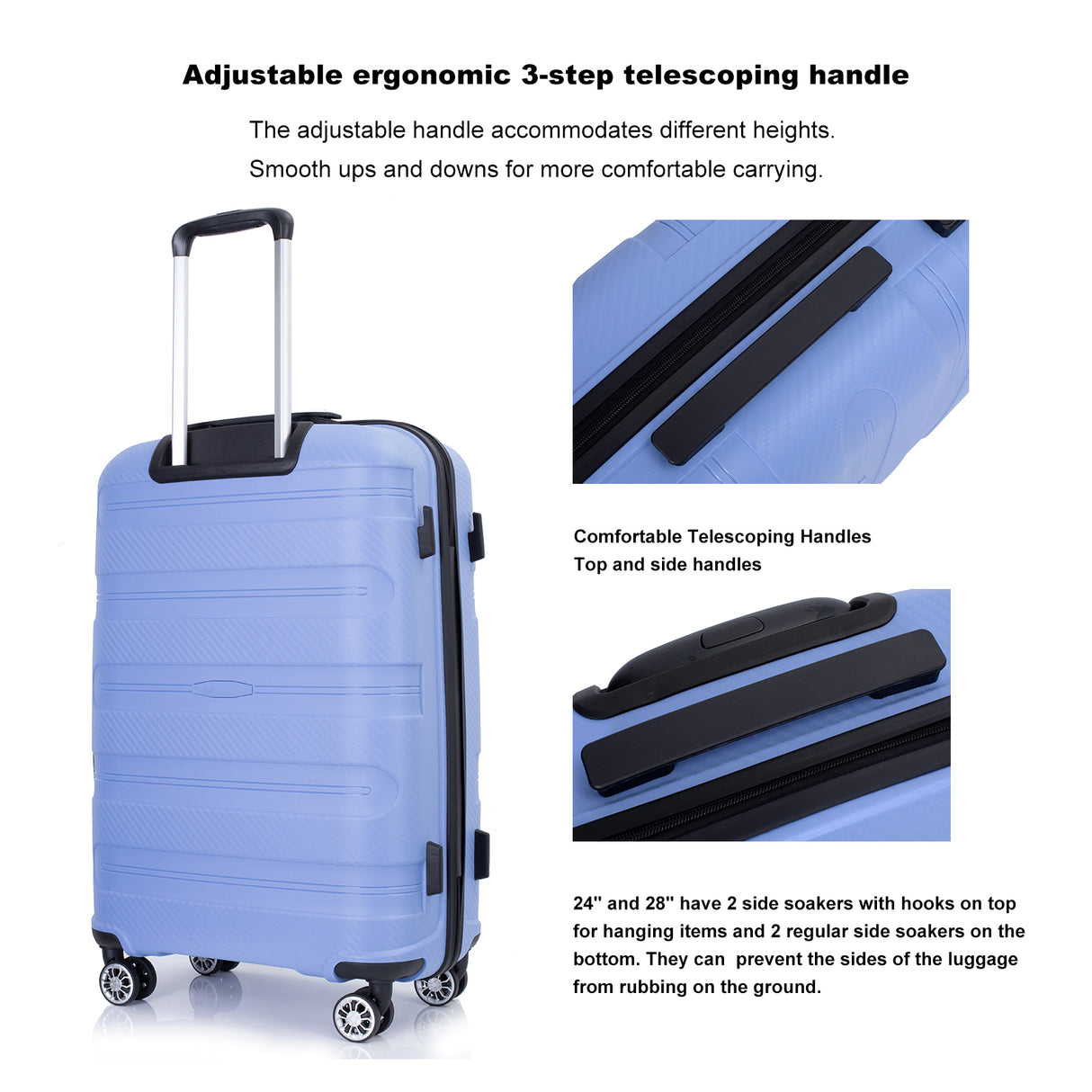 Hardshell Suitcase Spinner Wheels PP Luggage Sets Lightweight Durable Suitcase ,3-Piece Set (20/24/28) ,Purplish Blue