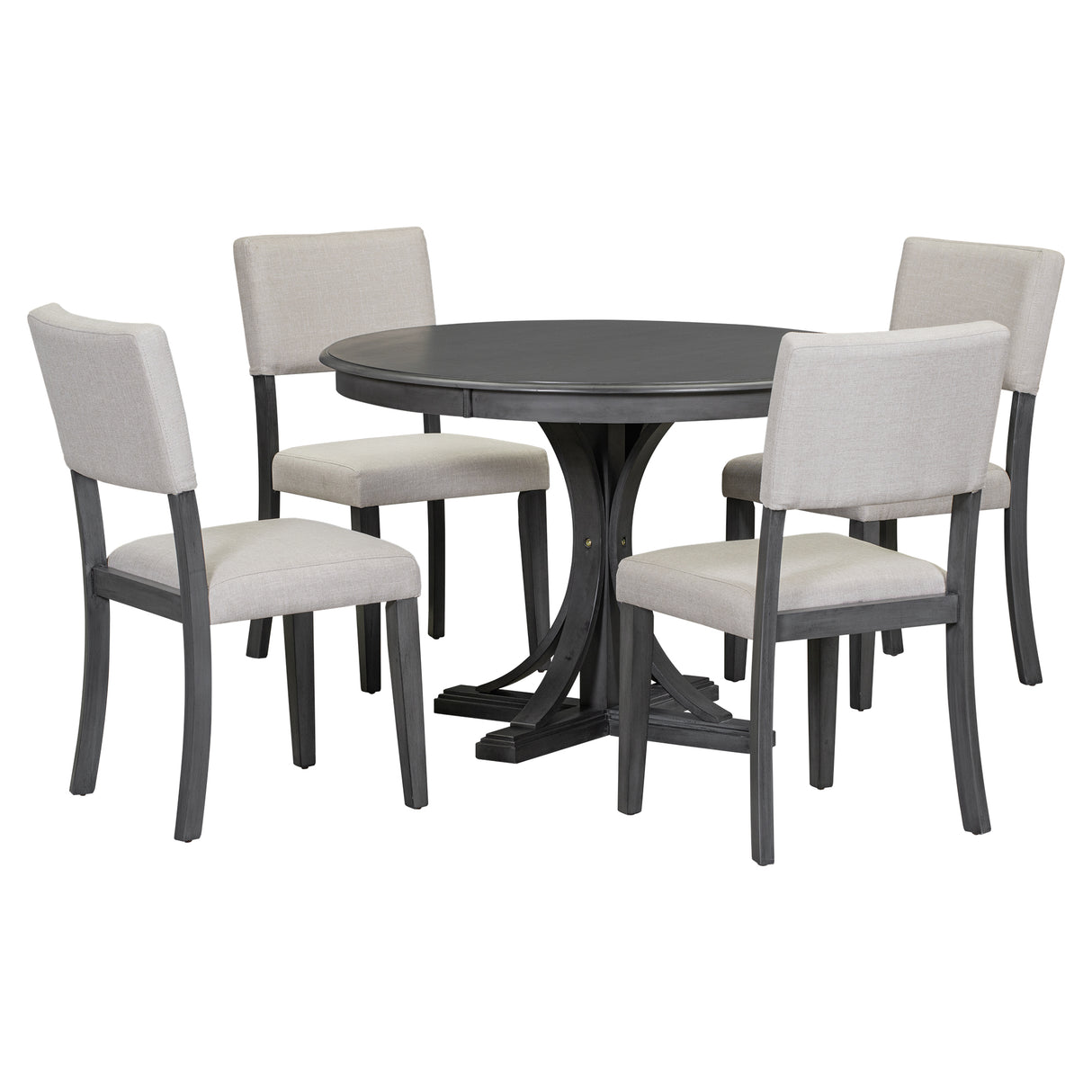 TREXM Five Piece Retro Round Dining Table Set with Curved Brackets and 4 Restaurant Cushioned Chairs (Dark Gray)
