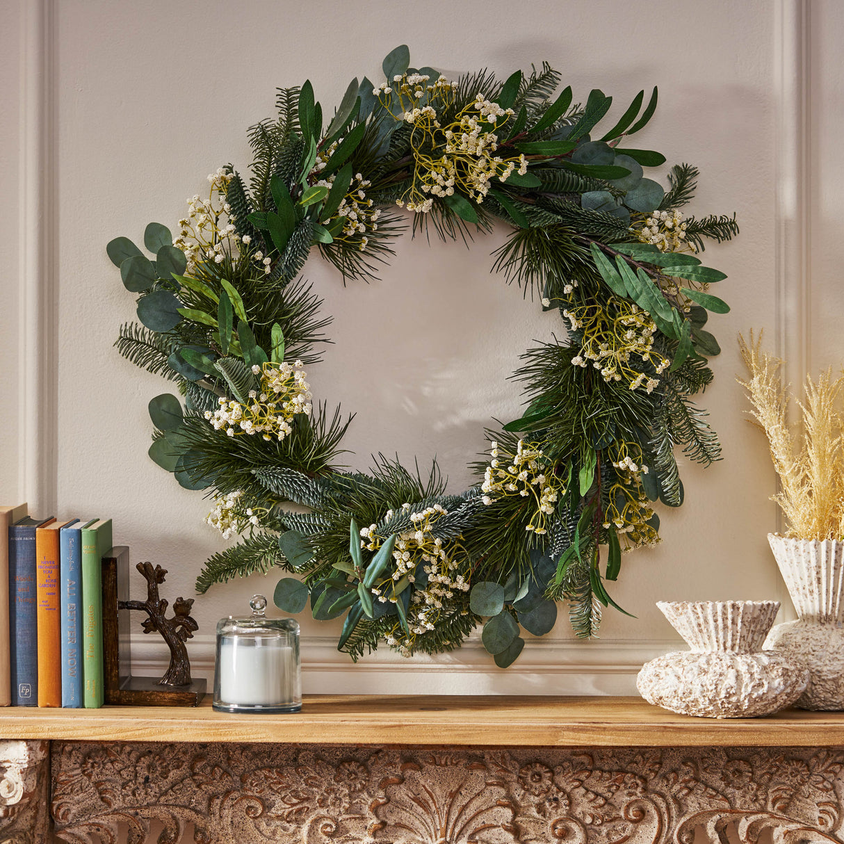 30IN Eucalyptus leaves, pine twigs, stars wreath - V.I.P Digital Presence