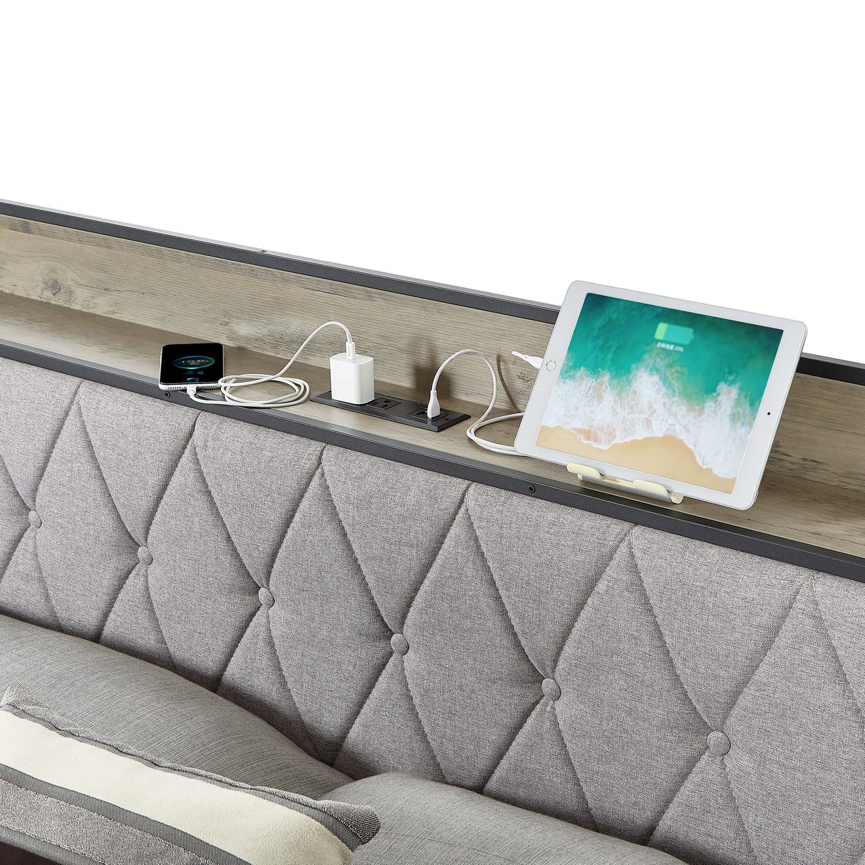 Bed frame with charging station full size, Grey, 83.1'' L x 56.1'' W x 39.2'' H. - V.I.P Digital Presence