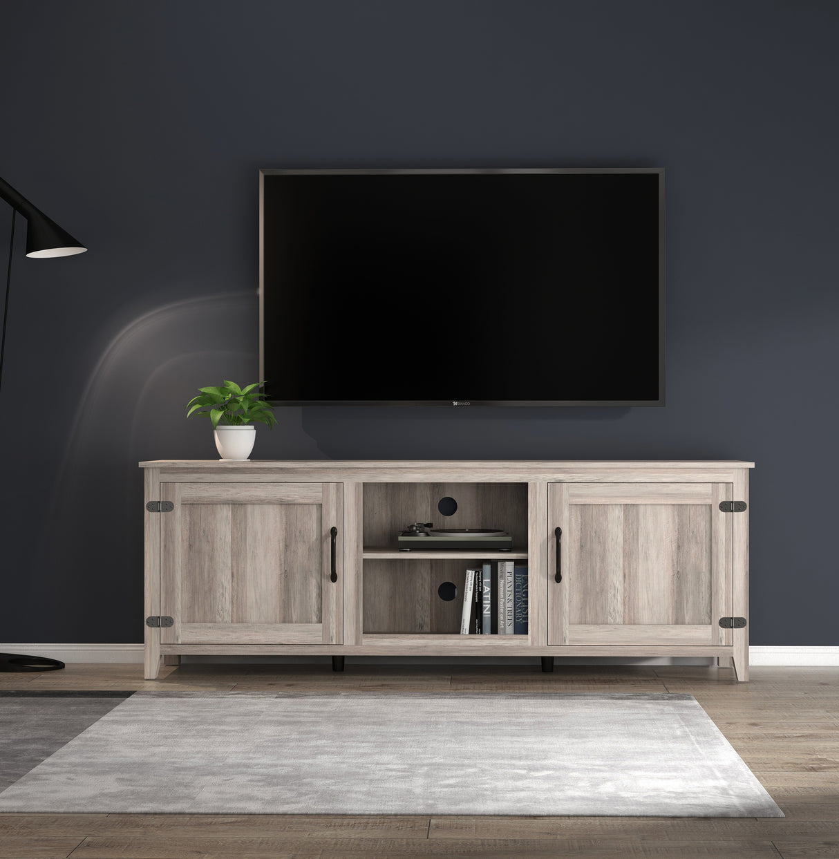 TV Stand Storage Media Console Entertainment Center With Two Doors, Grey Walnut - V.I.P Digital Presence