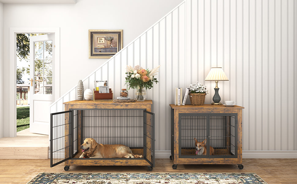 Furniture Dog Cage Crate with Double Doors, Rustic Brown, 38.58'' W x 25.2'' D x 27.17'' H - V.I.P Digital Presence