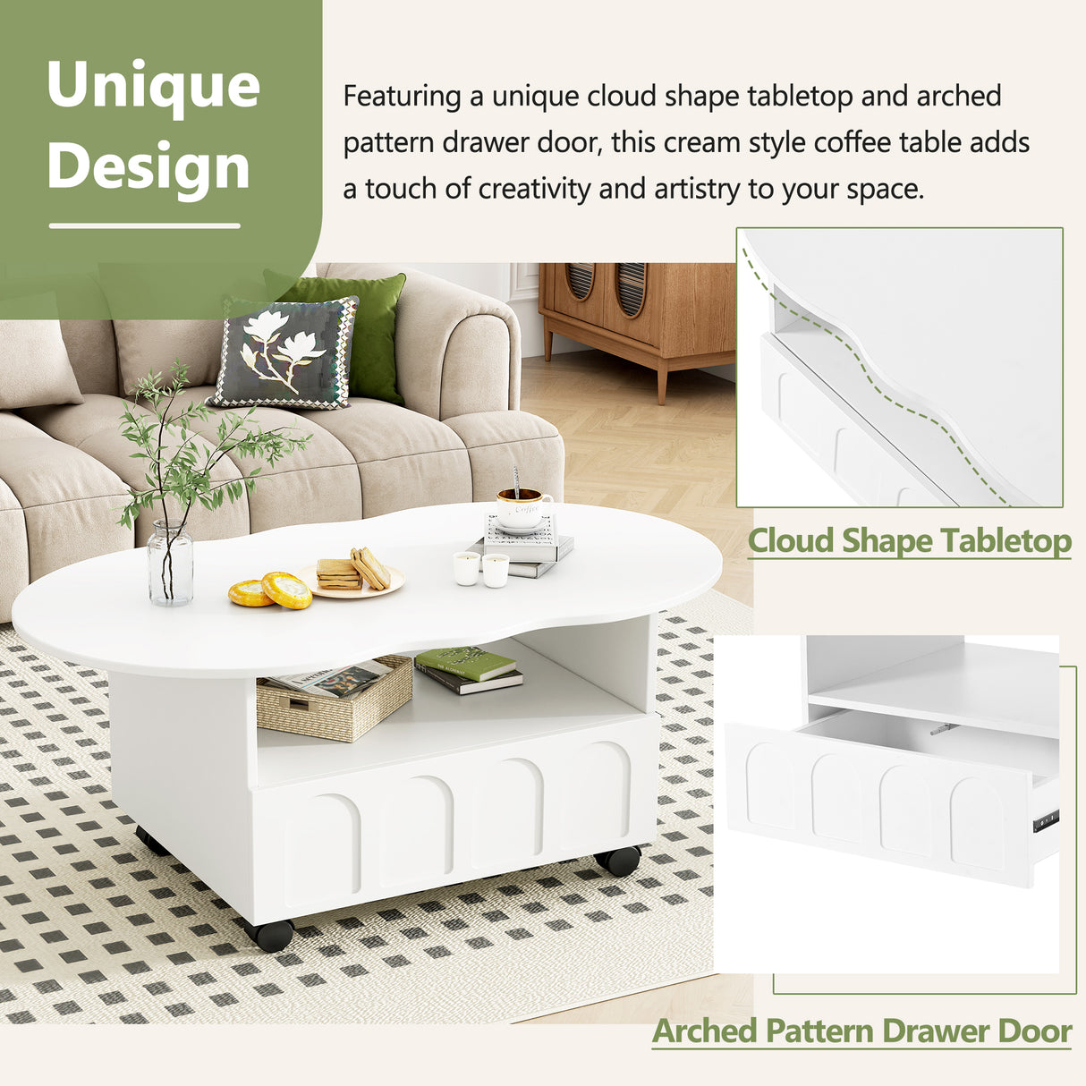 ON-TRANS flexible cream style coffee table with 2 brake wheels, drawers, large storage space, white, 39.37 '' x 23.6 '' - V.I.P Digital Presence