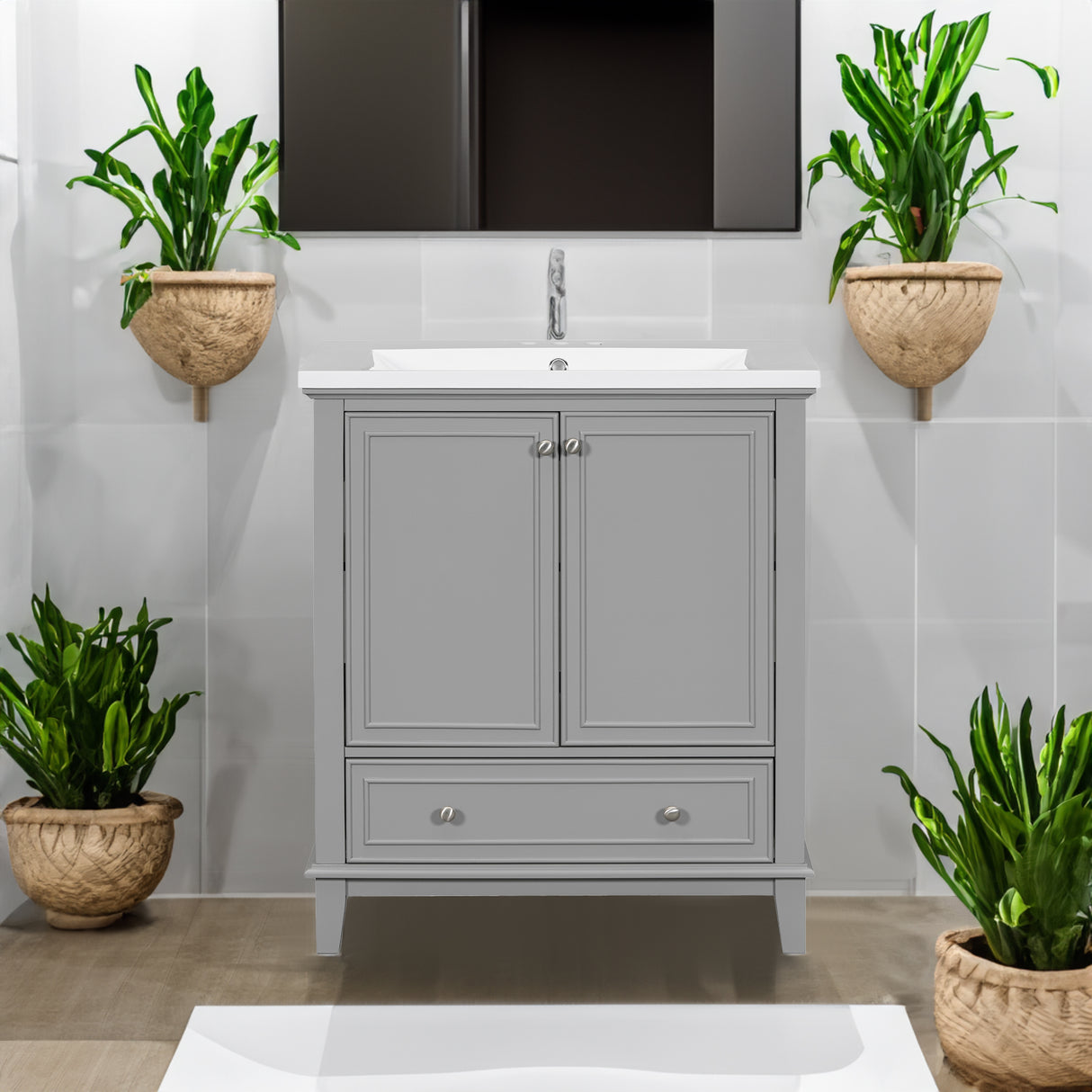 30inchgrey Bathroom Vanity with Sink ComboMulti-functional Bathroom Cabinet with Doors and Drawer Solid Frame and MDF Board - V.I.P Digital Presence