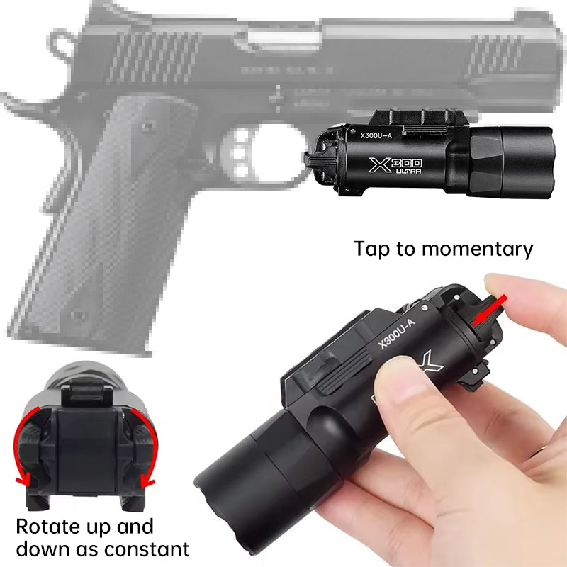 Tactica Flashlight X300-B/X300U-B/XU35: metal pistol gun strobe LED lights for 20mm rails, ideal for airsoft and hunting. - V.I.P Digital Presence