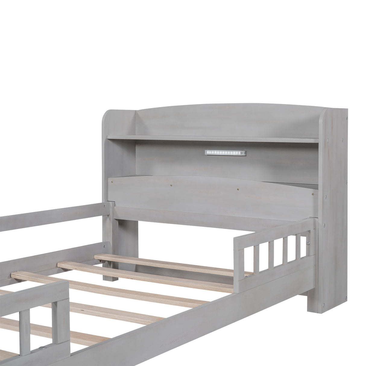 Wood Twin Size Platform Bed with Built-in LED Light Storage Headboard and Guardrail Antique Grey
