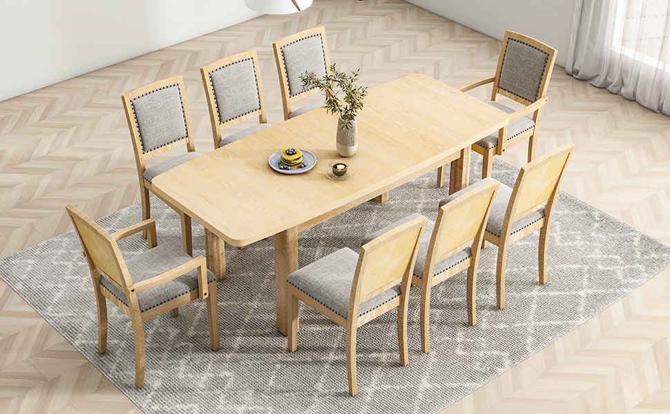 TOPMAX expandable 84 inch dining table set with 24 inch detachable leaves, 6 armless chairs and 2 armchairs 9 pieces natural