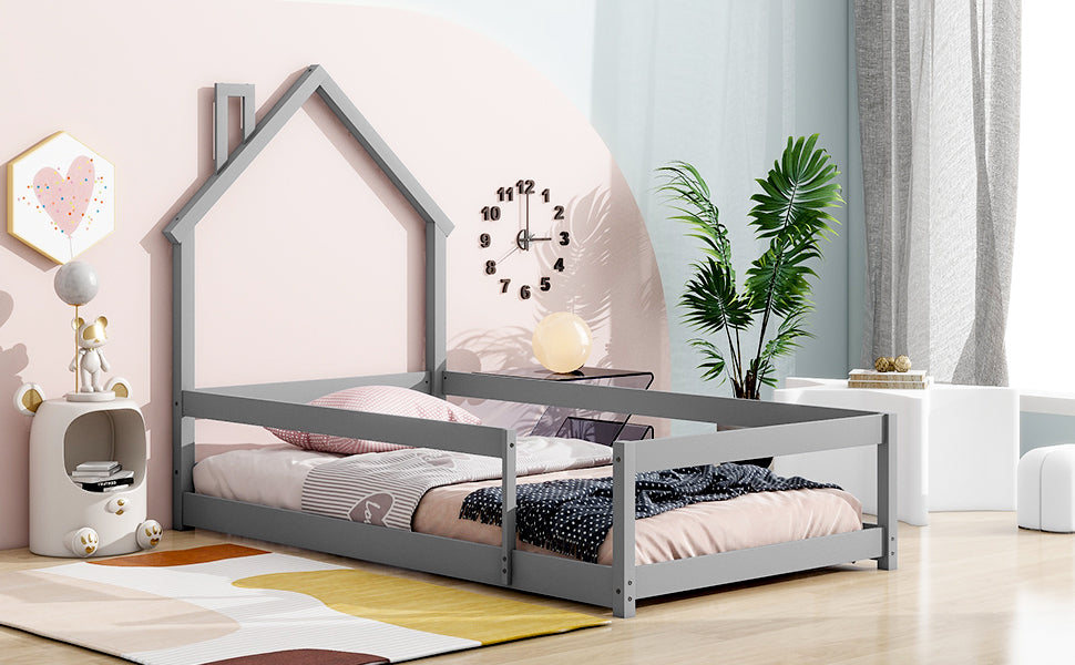 Twin Size Wood bed with House-shaped Headboard Floor bed with Fences,Grey - V.I.P Digital Presence