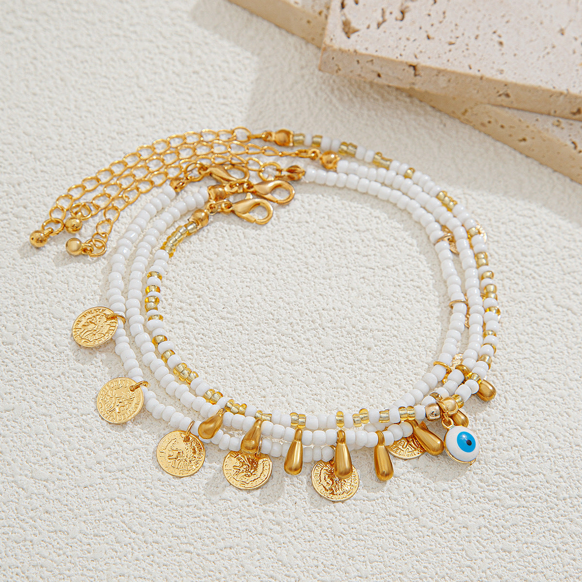 Leisure style beach circular rice bead foot ring 3-piece set, water droplet coin acrylic foot chain - V.I.P Digital Presence