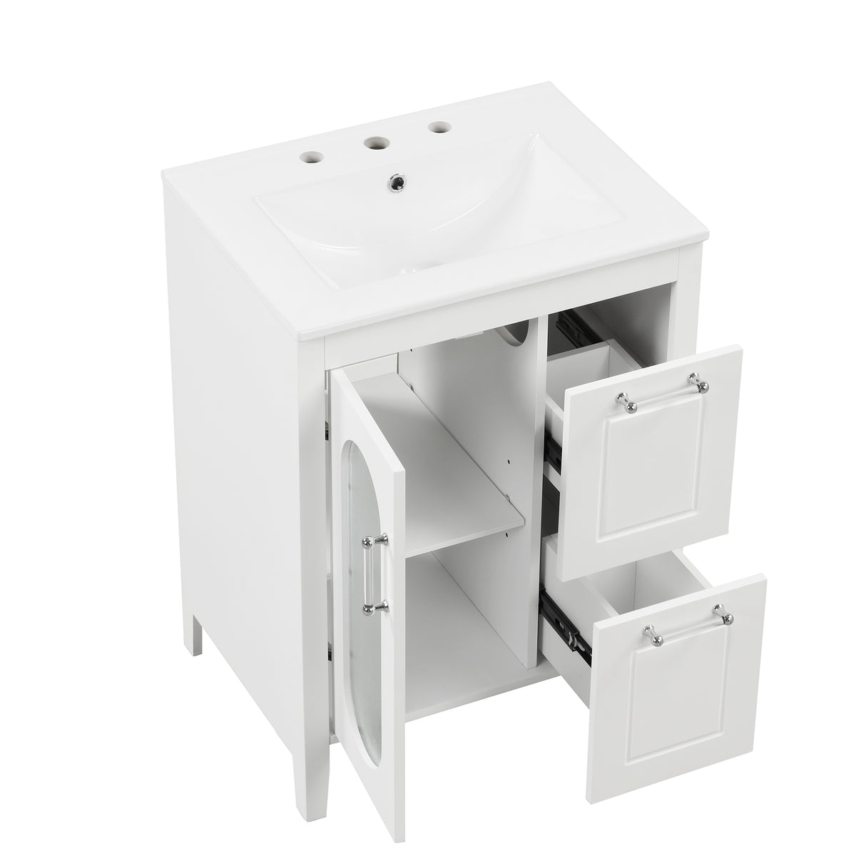 24" Bathroom Vanity with Sink, Bathroom Vanity Cabinet with Two Drawers and Door, Adjustable Shelf, Solid Wood and MDF, White - V.I.P Digital Presence