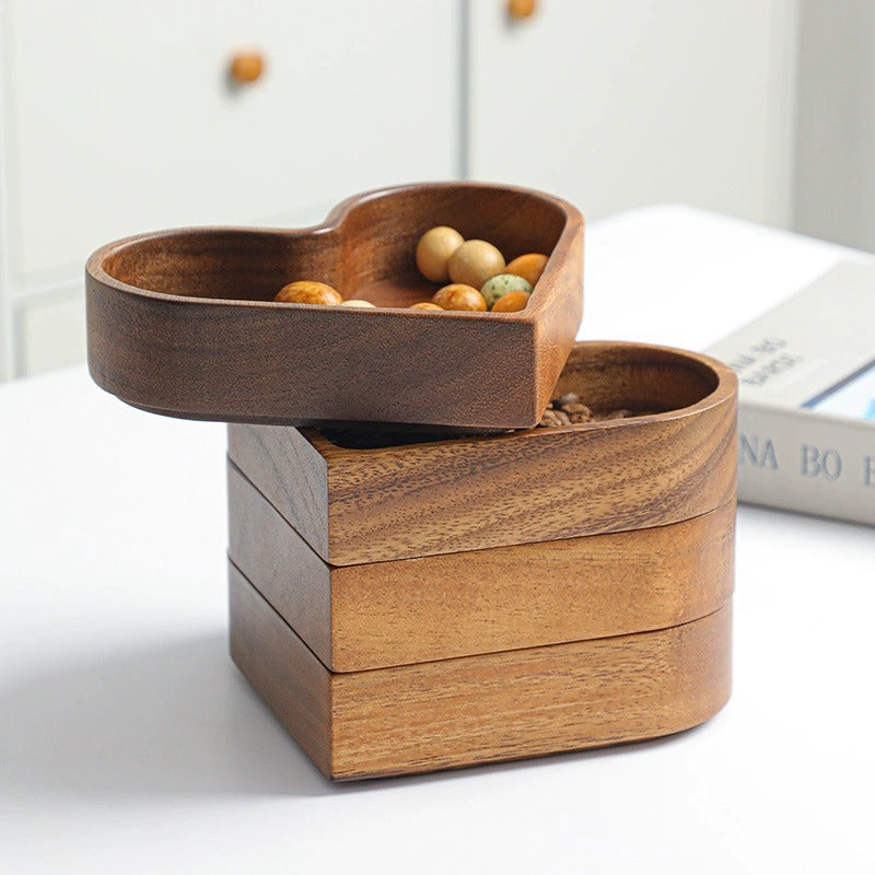 Wooden fruit box, whole wood heart-shaped candy box, nut and dried fruit storage tray, Japanese style solid wood stackable - V.I.P Digital Presence