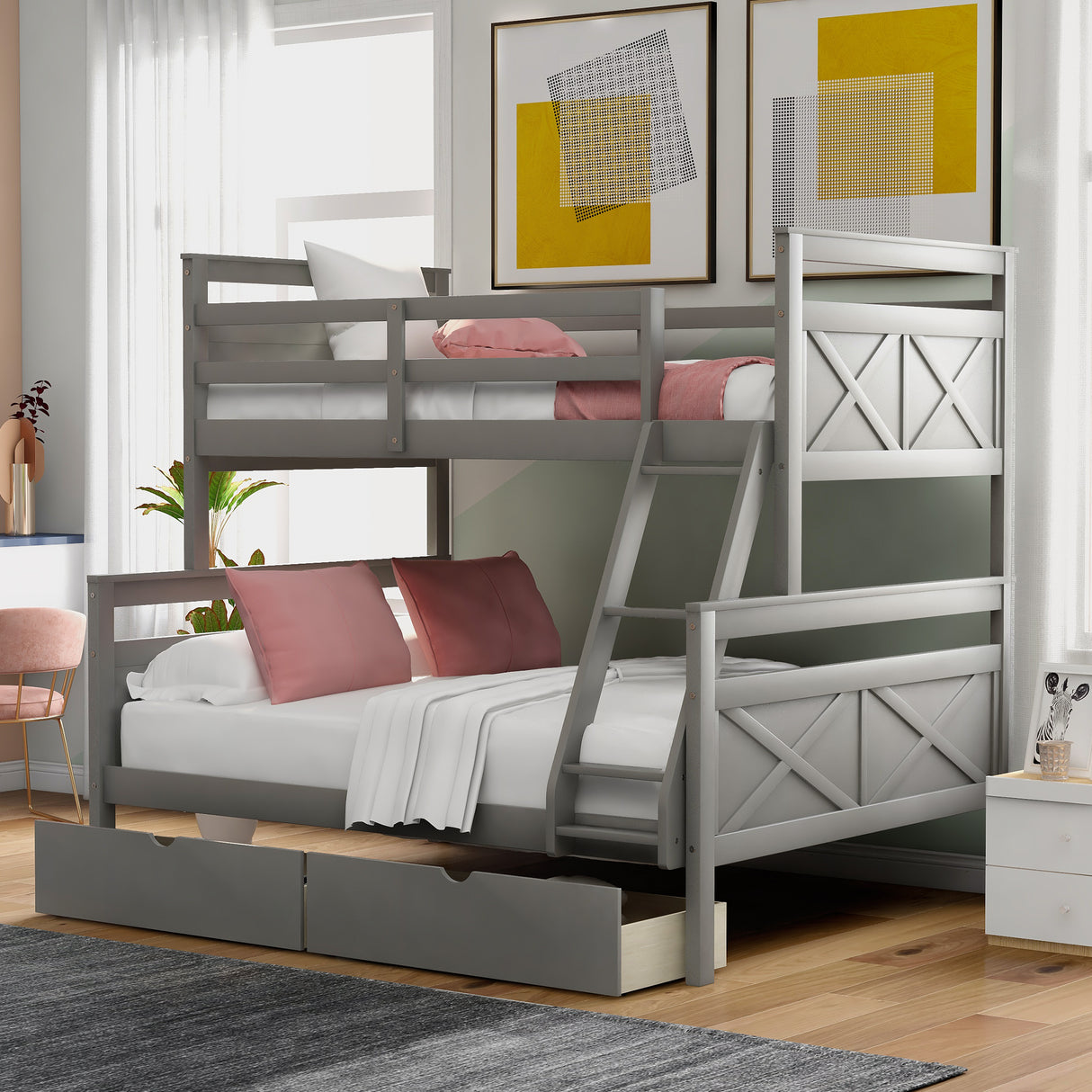 Twin over Full Bunk Bed with Ladder Two Storage Drawers Safety Guardrail Gray