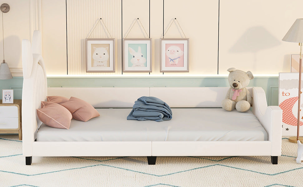 Twin Size Upholstered Daybed with Carton Ears Shaped Headboard White