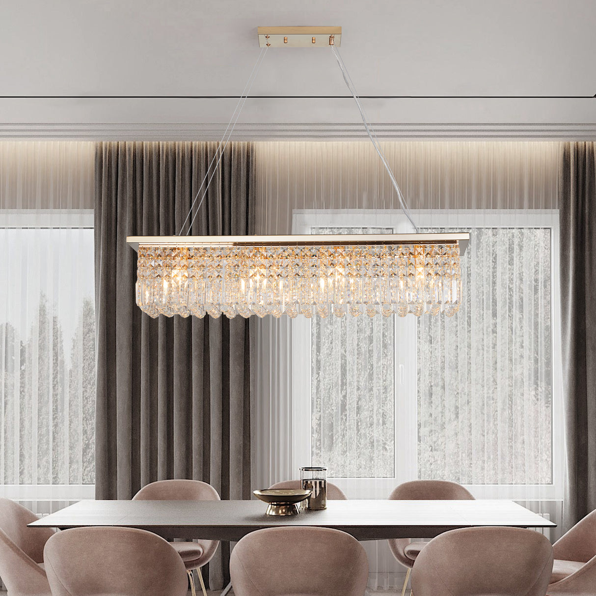 Modern Crystal Chandelier for Dining Room 8-Light Gold Rectangle Raindrop Chandelier L39.4'' x W9.8'' x H8.7'(Bulb Not Included) - V.I.P Digital Presence