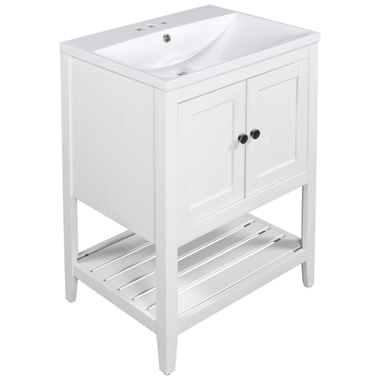 24" White Modern Sleek Bathroom Vanity Elegant Ceramic Sink with Solid Wood Frame Open Style Shelf - V.I.P Digital Presence