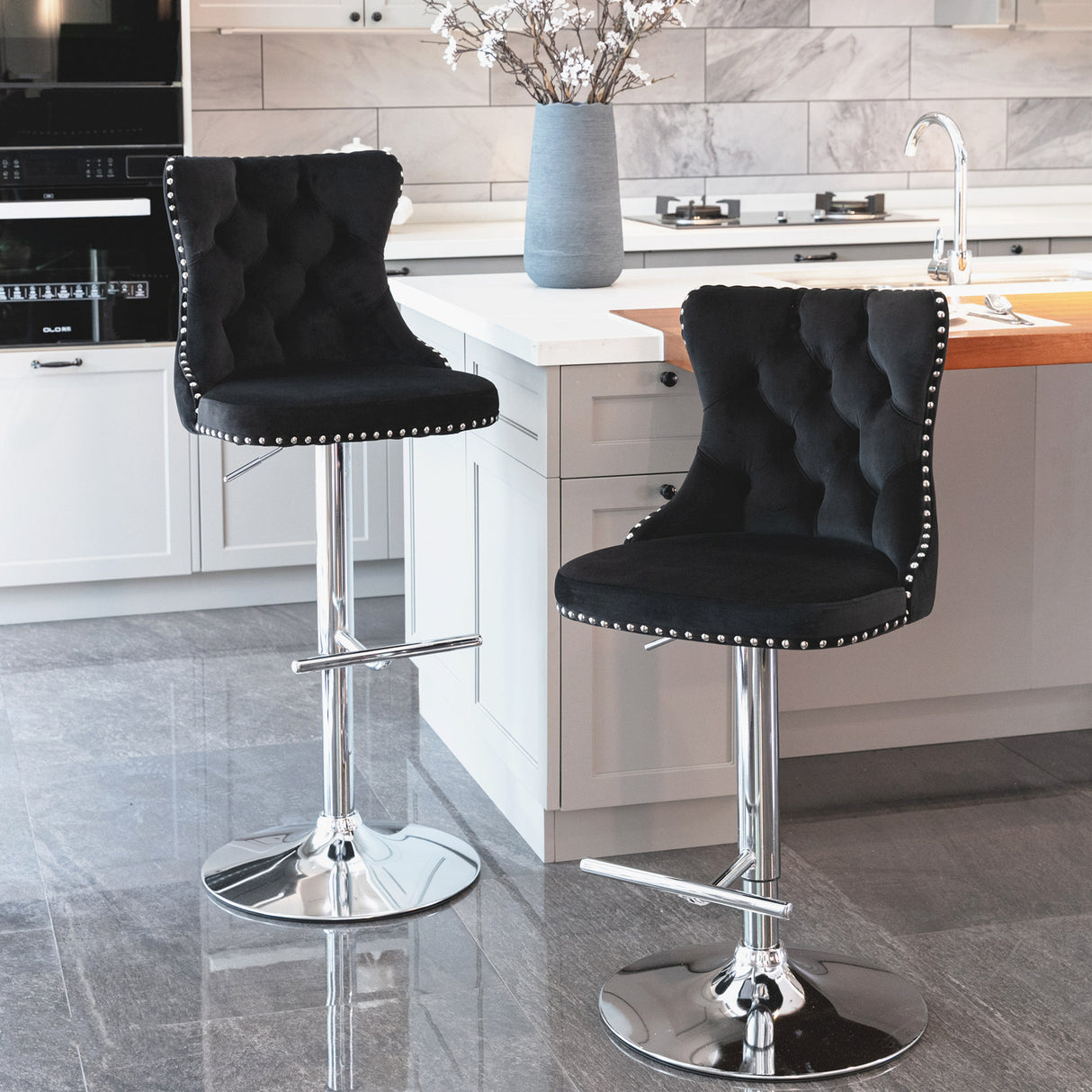 25-33 Inch, Modern Upholstered Chrome base Bar Stools with Back Comfortable Tufted for Home Pub and Kitchen Island(Black,Set of