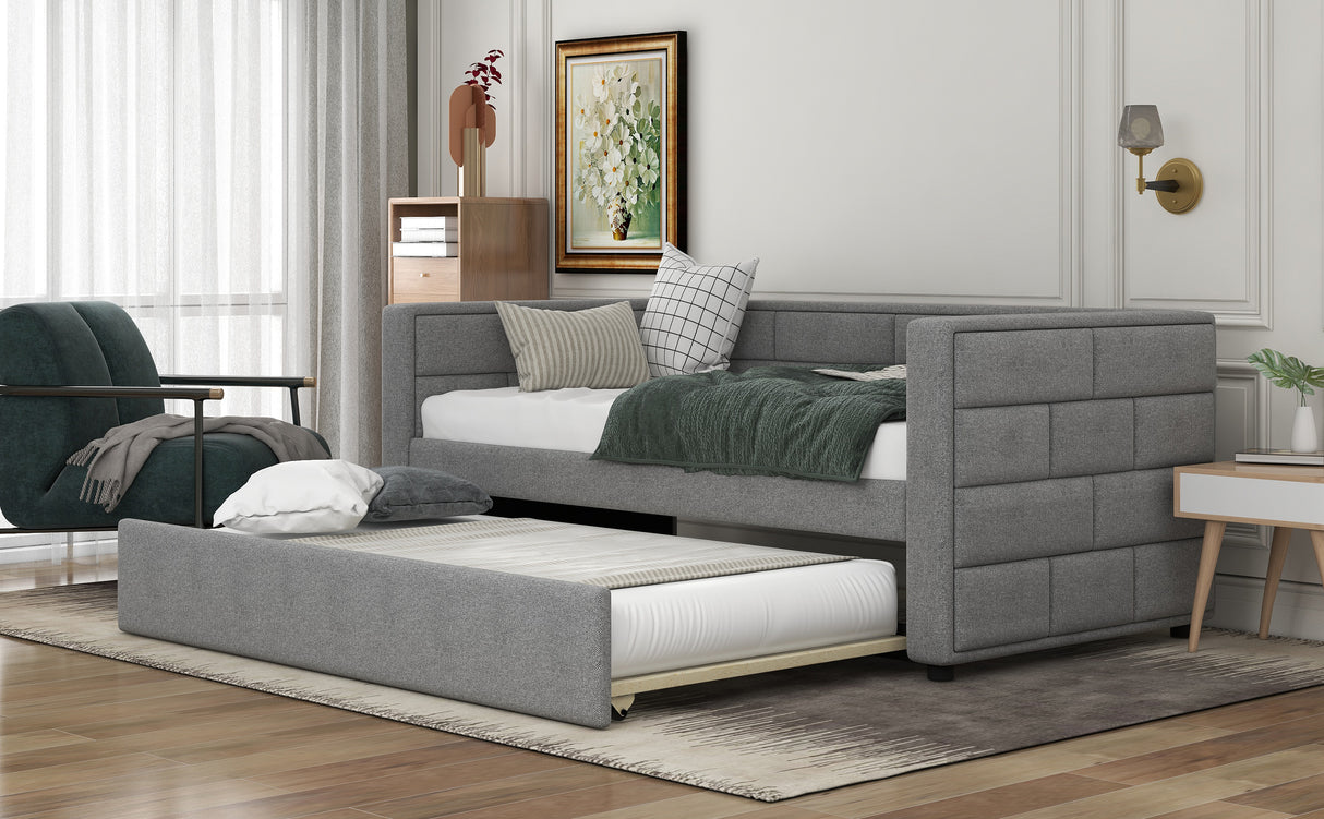 Twin Size Daybed with Trundle Upholstered Daybed with Padded Back Gray