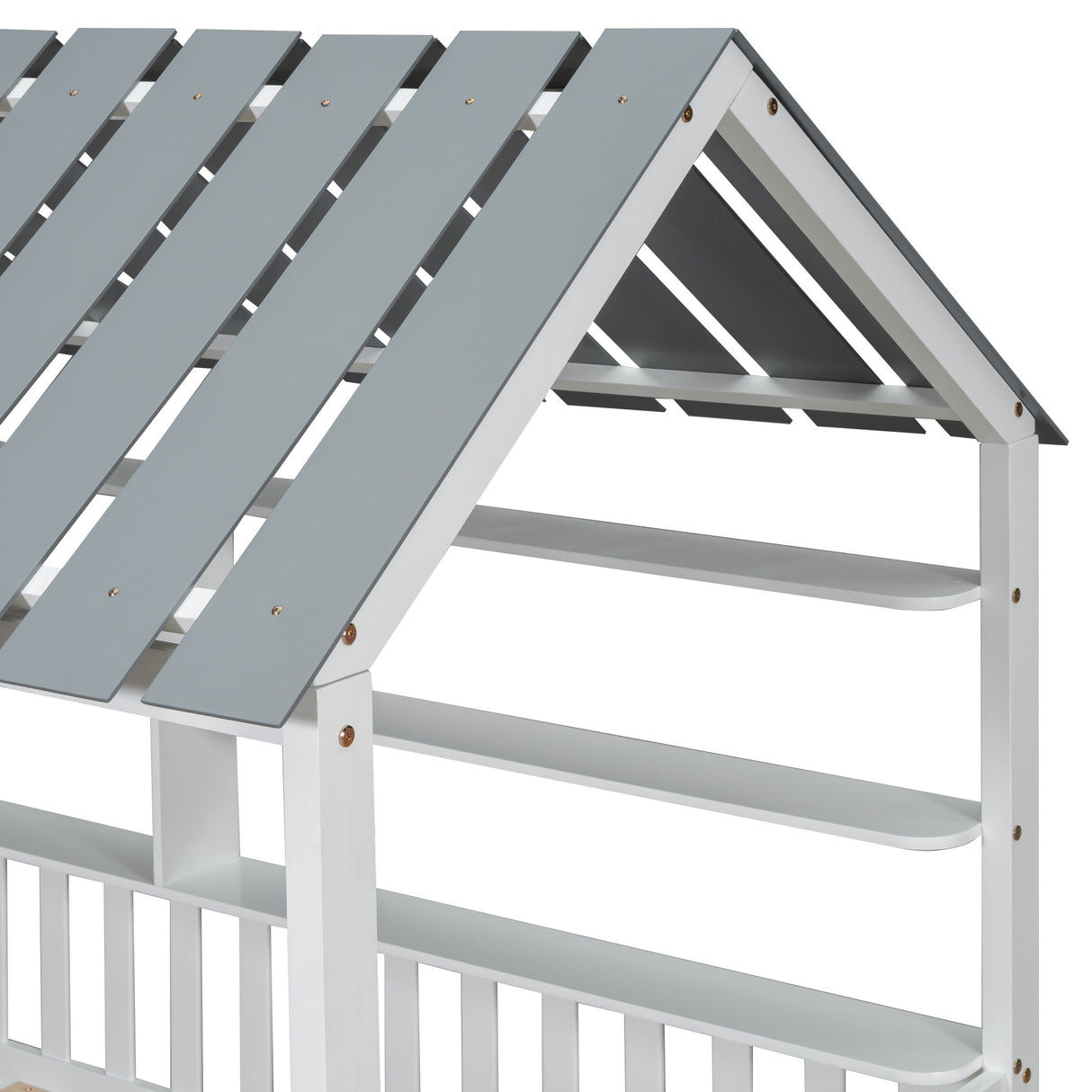 Wood Twin Size House Bed with Roof, Guardrail and Shelves, White - V.I.P Digital Presence