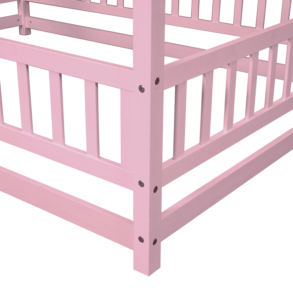 Full Size Floor Wooden Bed with House Roof Frame, Fence Guardrails ,Pink - V.I.P Digital Presence