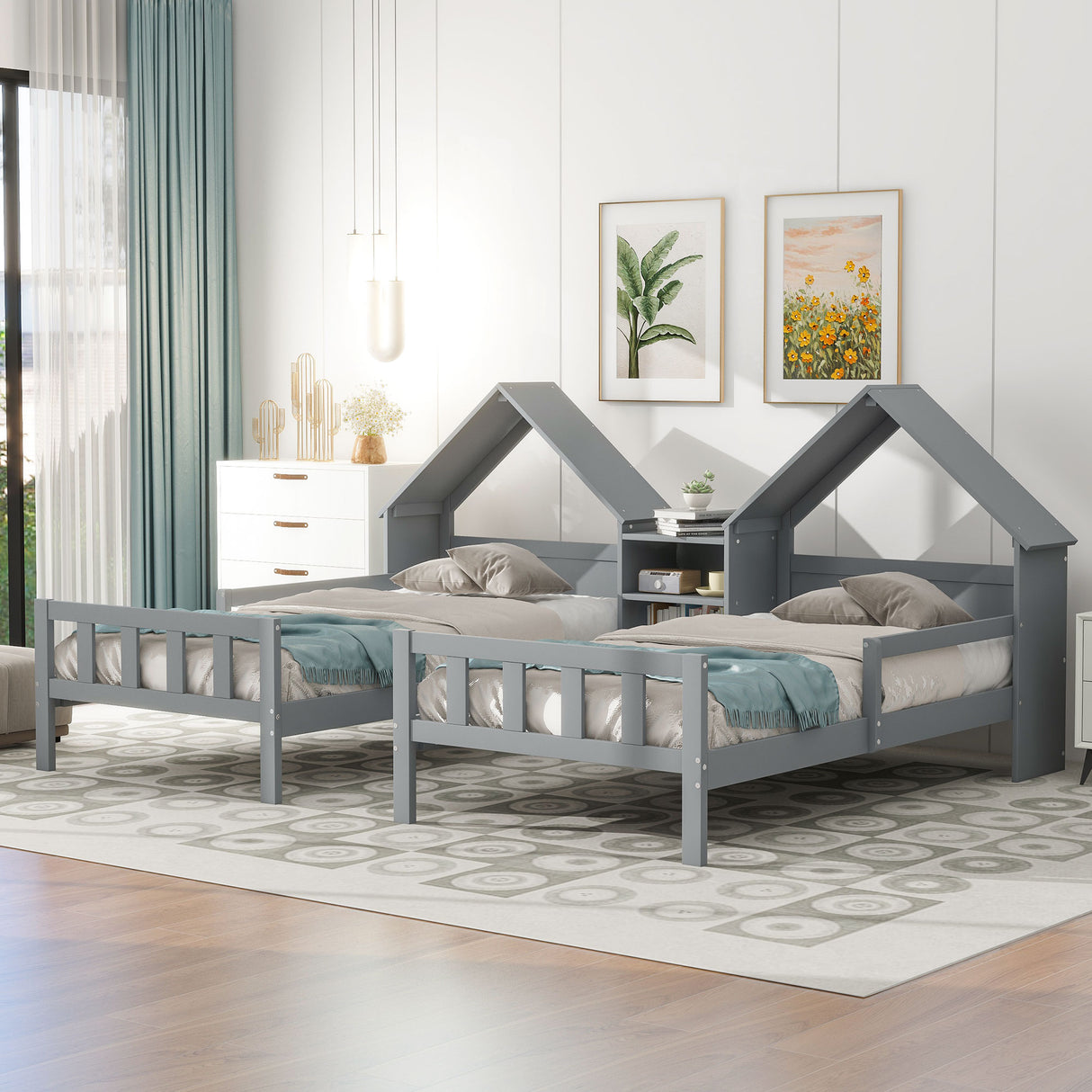 Double Twin Size Platform Bed with House-shaped Headboard and a Built-in Nightstand Grey