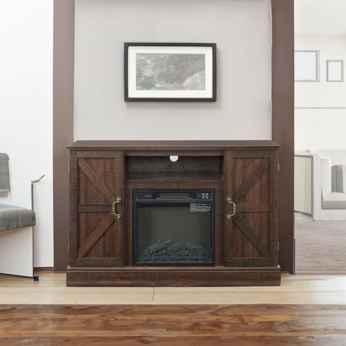 Farmhouse Classic Media TV Stand Antique Entertainment Console for TV up to 50" with 18" Electric Fireplace Insert