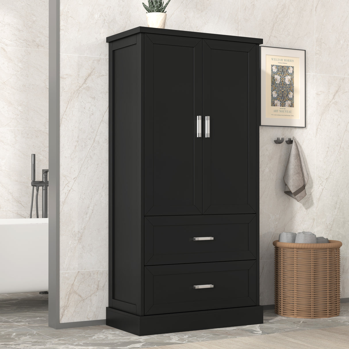 Tall Bathroom Storage Cabinet, Cabinet with Two Doors and Drawers, Adjustable Shelf, MDF Board, Black - V.I.P Digital Presence