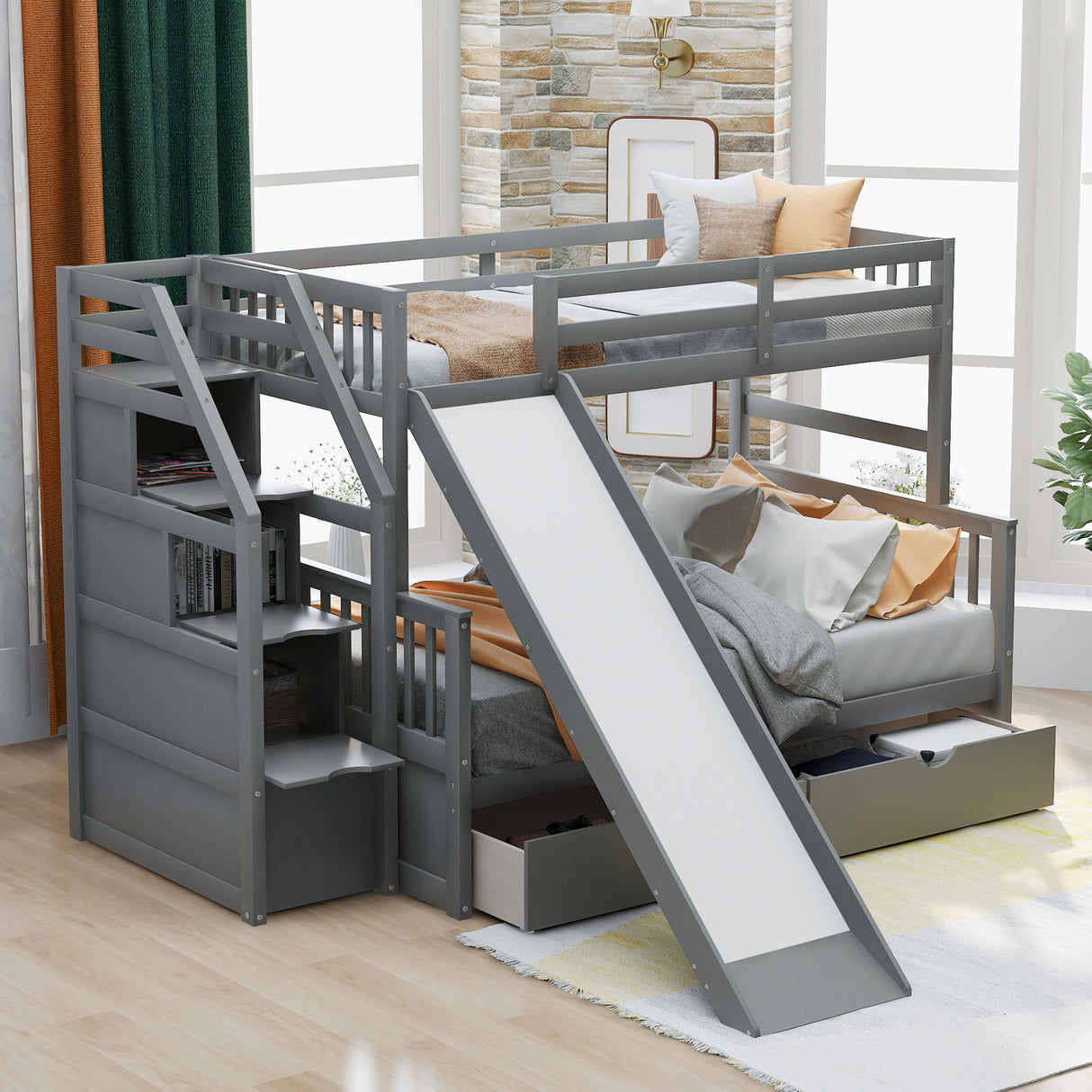 Twin over Full Bunk Bed with Drawers Storage and Slide Multifunction Gray