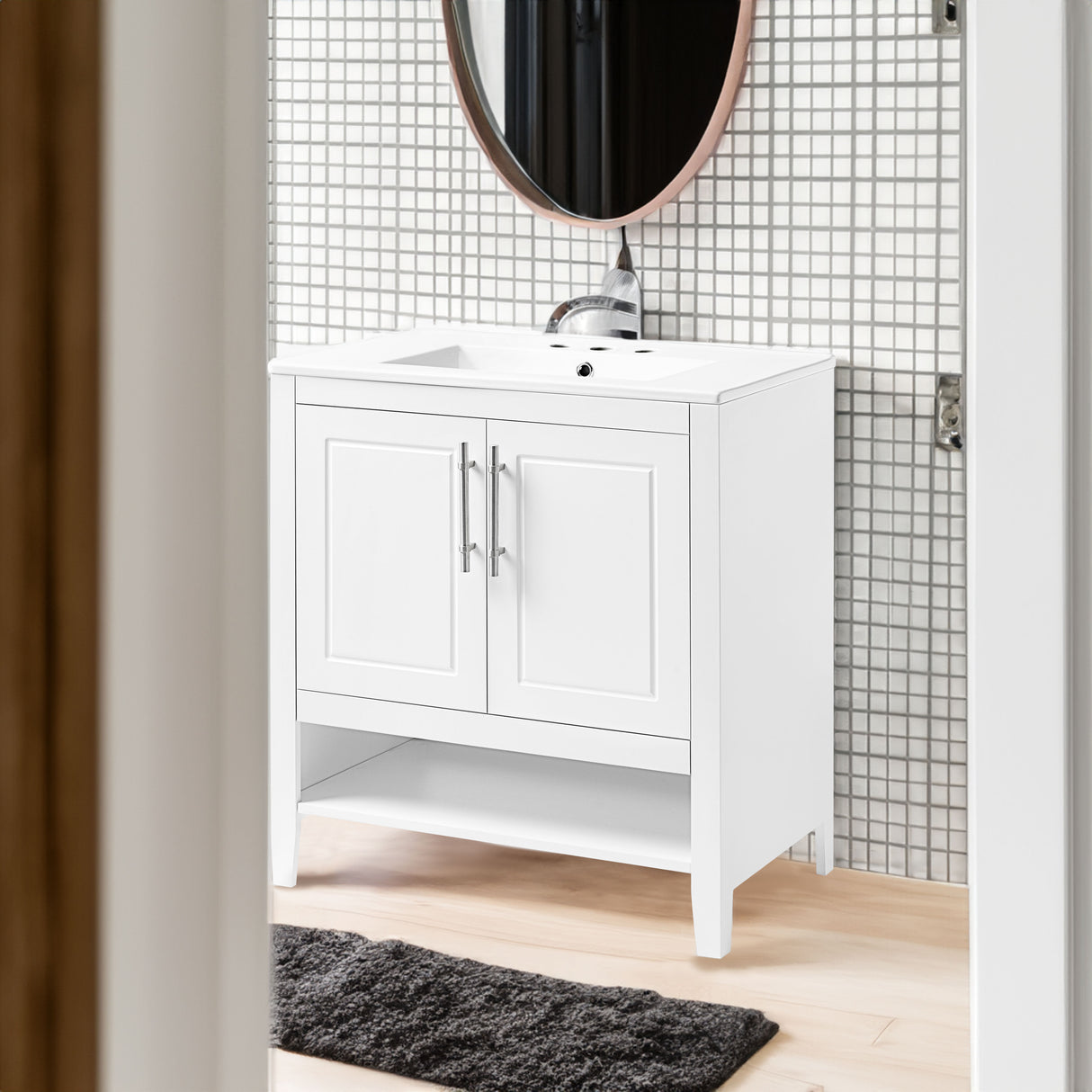 30" Bathroom Vanity with Sink Multi-functional Bathroom Cabinet with Doors and Drawers Solid Frame and MDF Board, White - V.I.P Digital Presence