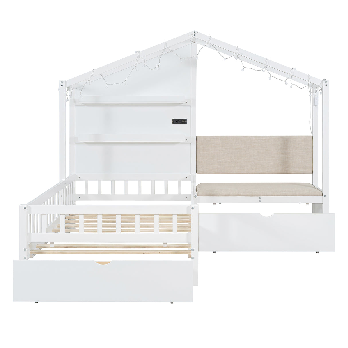 Twin Size House Bed with Upholstered Sofa, House Bed with Charging Station, Wireless Charging, Shelves and Two Drawers, White - V.I.P Digital Presence