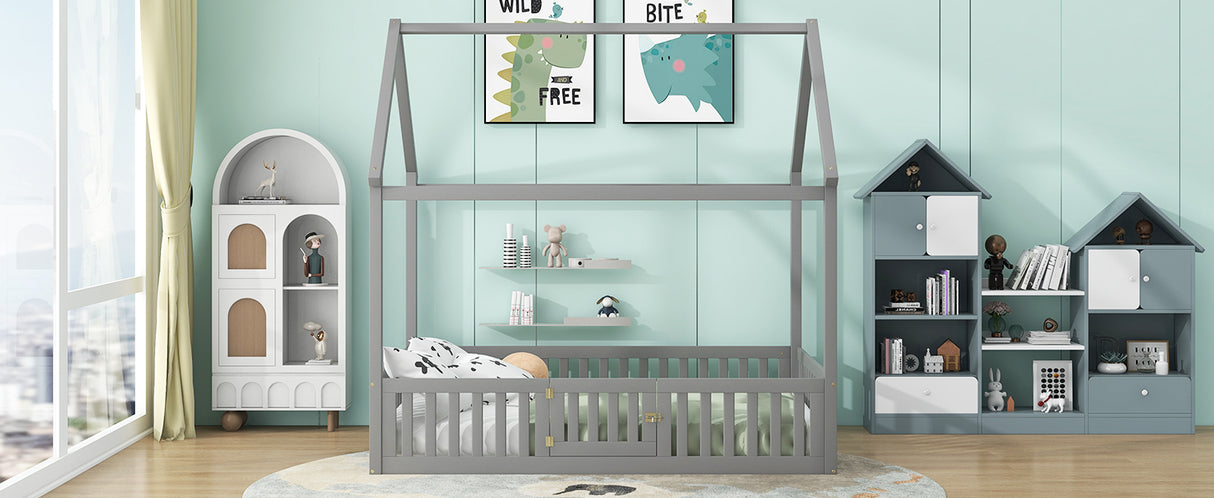 Full Size Wood House Bed with Fence and Door, Gray - V.I.P Digital Presence