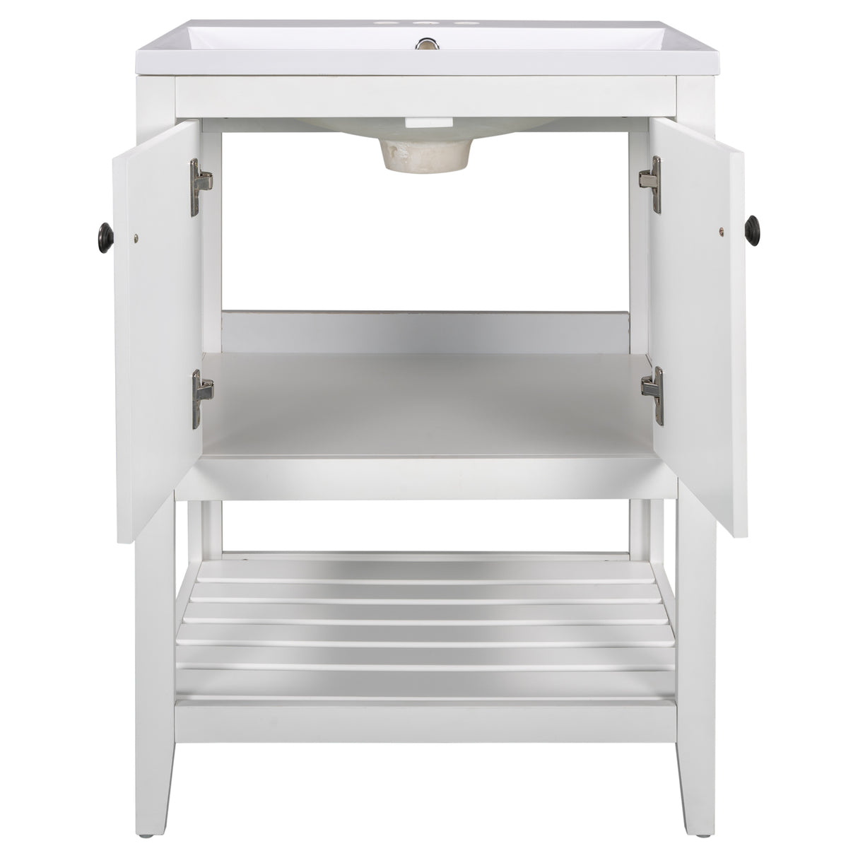 24" White Modern Sleek Bathroom Vanity Elegant Ceramic Sink with Solid Wood Frame Open Style Shelf - V.I.P Digital Presence