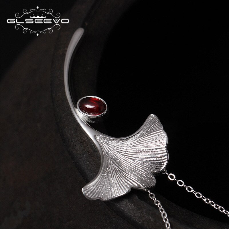 GLSEEVO Ginkgo Biloba Leaf Brooches For Women Wife 925 Sterling Silver Natural Garnet Luxury Brooch Luxury Fine Jewellery - V.I.P Digital Presence