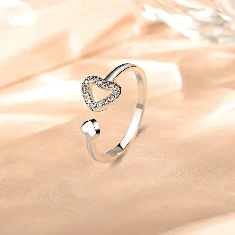 925 Sterling Silver Inlaid Zircon Heart Open Ring - V.I.P Digital Presence