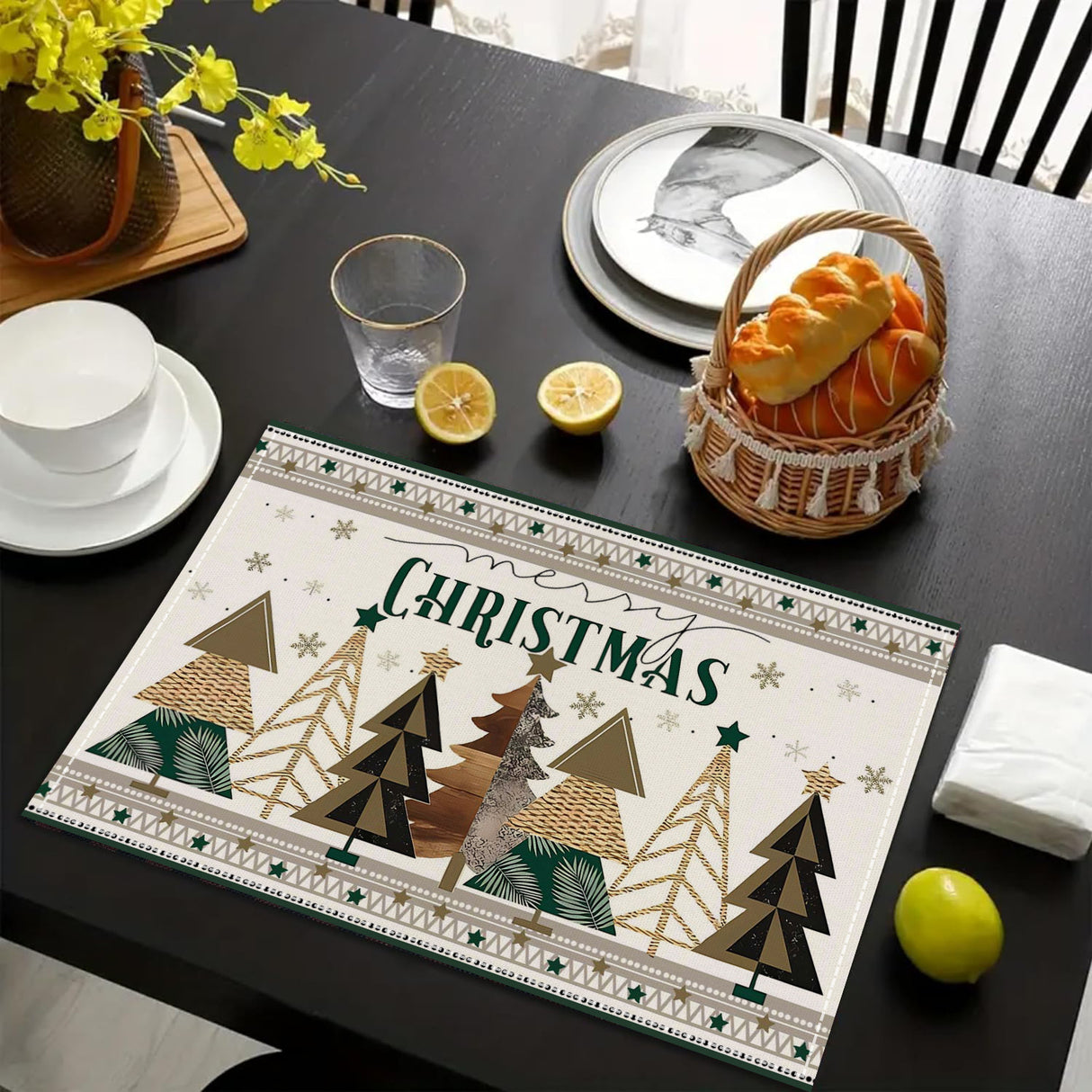 Christmas linen placemat Christmas tree print kitchen and restaurant decoration table mat - V.I.P Digital Presence