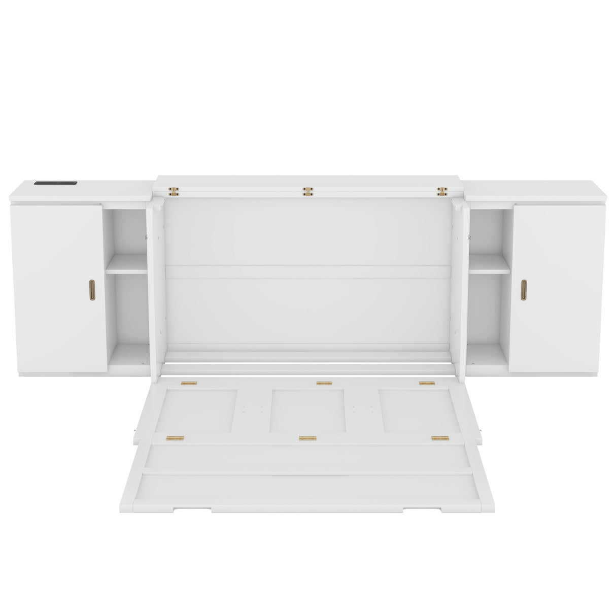 Full Size Murphy Bed with Shelves, Cabinets and USB Ports,White