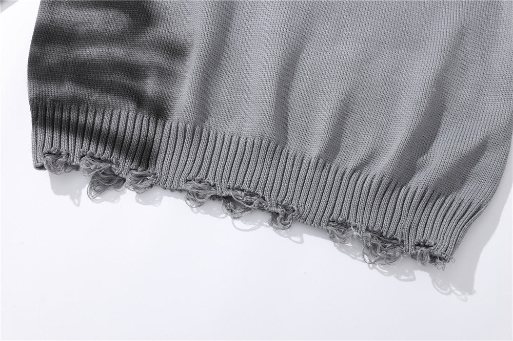 Graffiti Print Crew Neck Knit Sweater Men's Loose Fit Pullover with Hem Holes Street Style Trendy Design - V.I.P Digital Presence