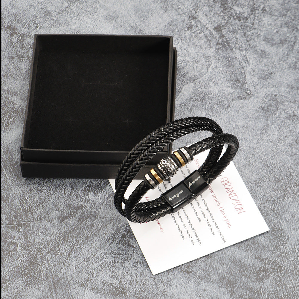 Stainless steel multi-layer woven bracelet men's titanium steel fashionable leather bracelet engraved gift - V.I.P Digital Presence