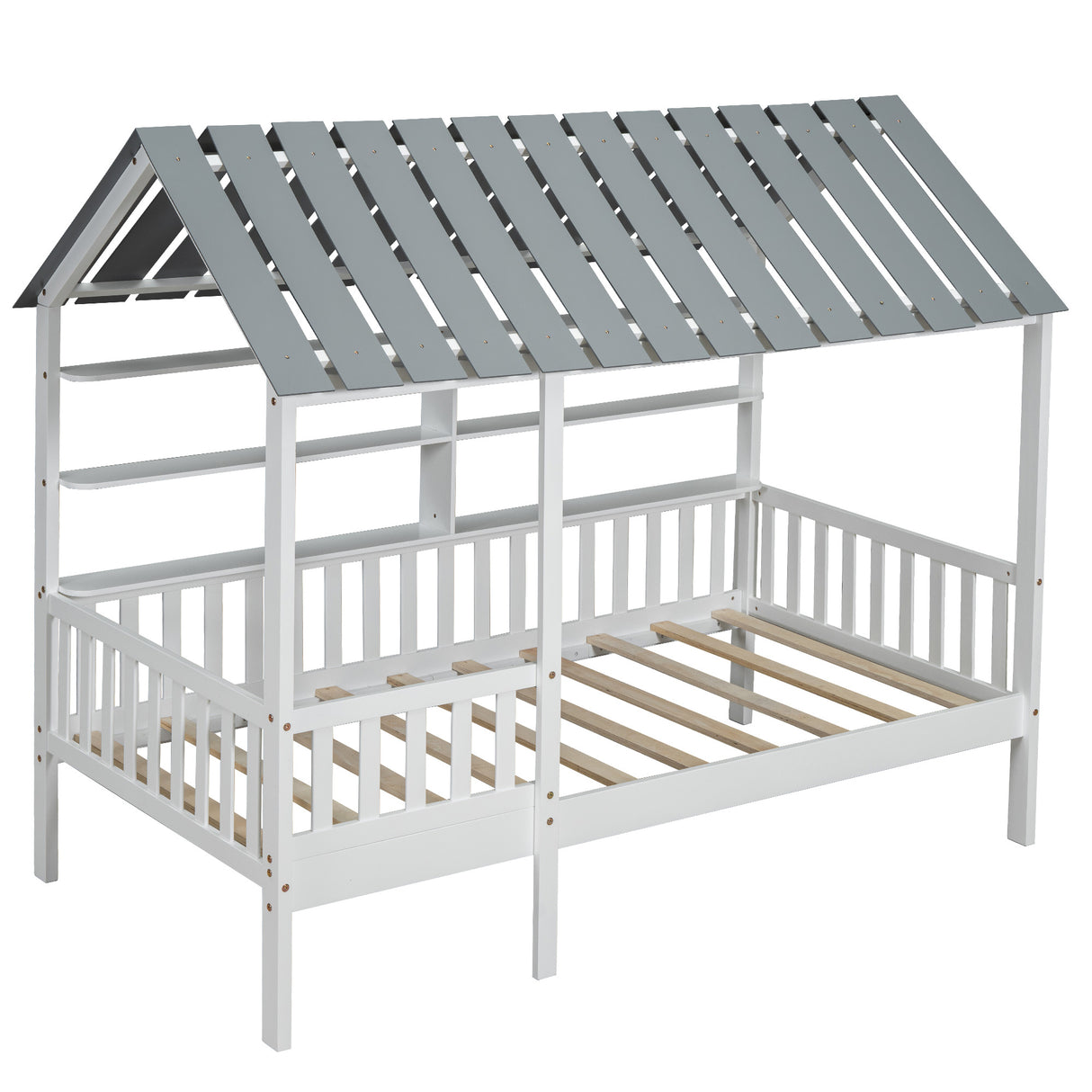 Wood Twin Size House Bed with Roof, Guardrail and Shelves, White - V.I.P Digital Presence