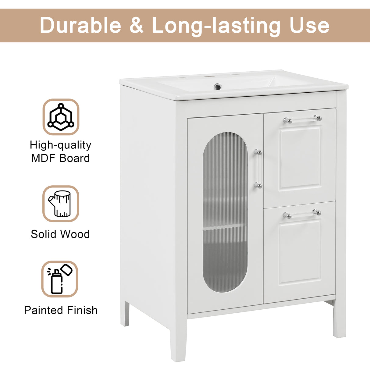 24" Bathroom Vanity with Sink, Bathroom Vanity Cabinet with Two Drawers and Door, Adjustable Shelf, Solid Wood and MDF, White - V.I.P Digital Presence