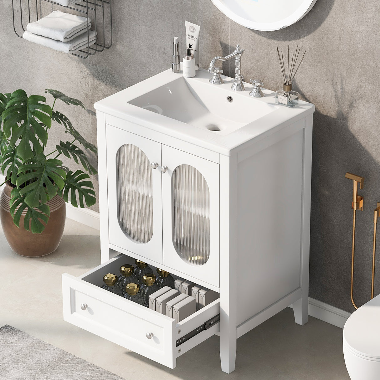 24" Bathroom Vanity with Sink, Bathroom Vanity Cabinet with One Drawer and Doors, Adjustable Shelf, Solid Wood and MDF, White - V.I.P Digital Presence