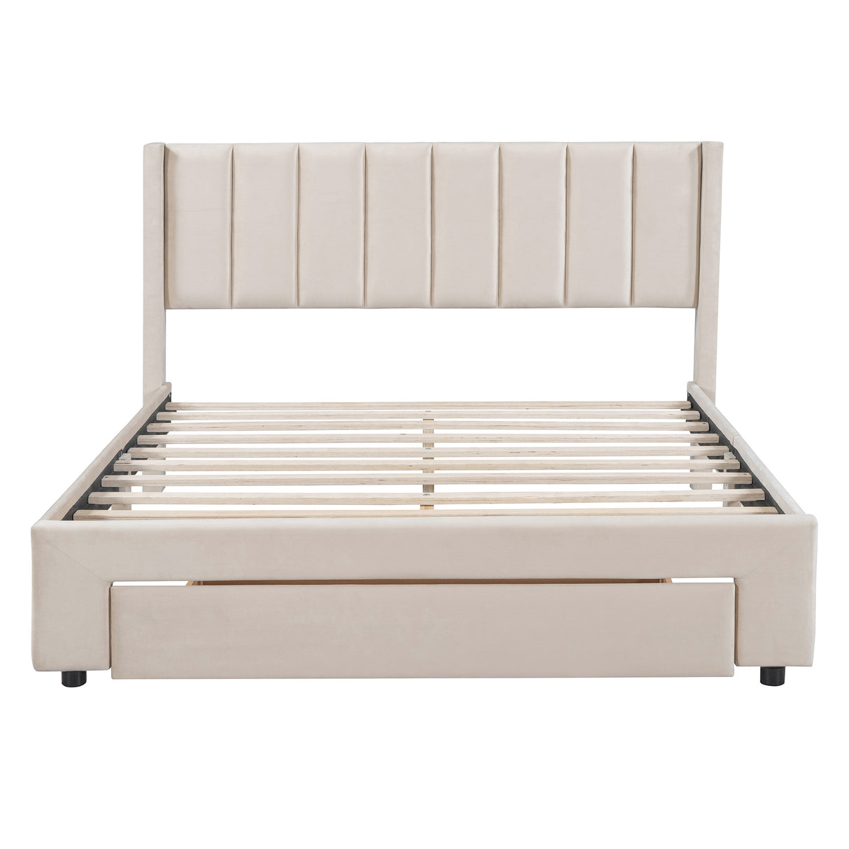 Queen Size Storage Bed Velvet Upholstered Platform Bed with a Big Drawer - Beige - V.I.P Digital Presence