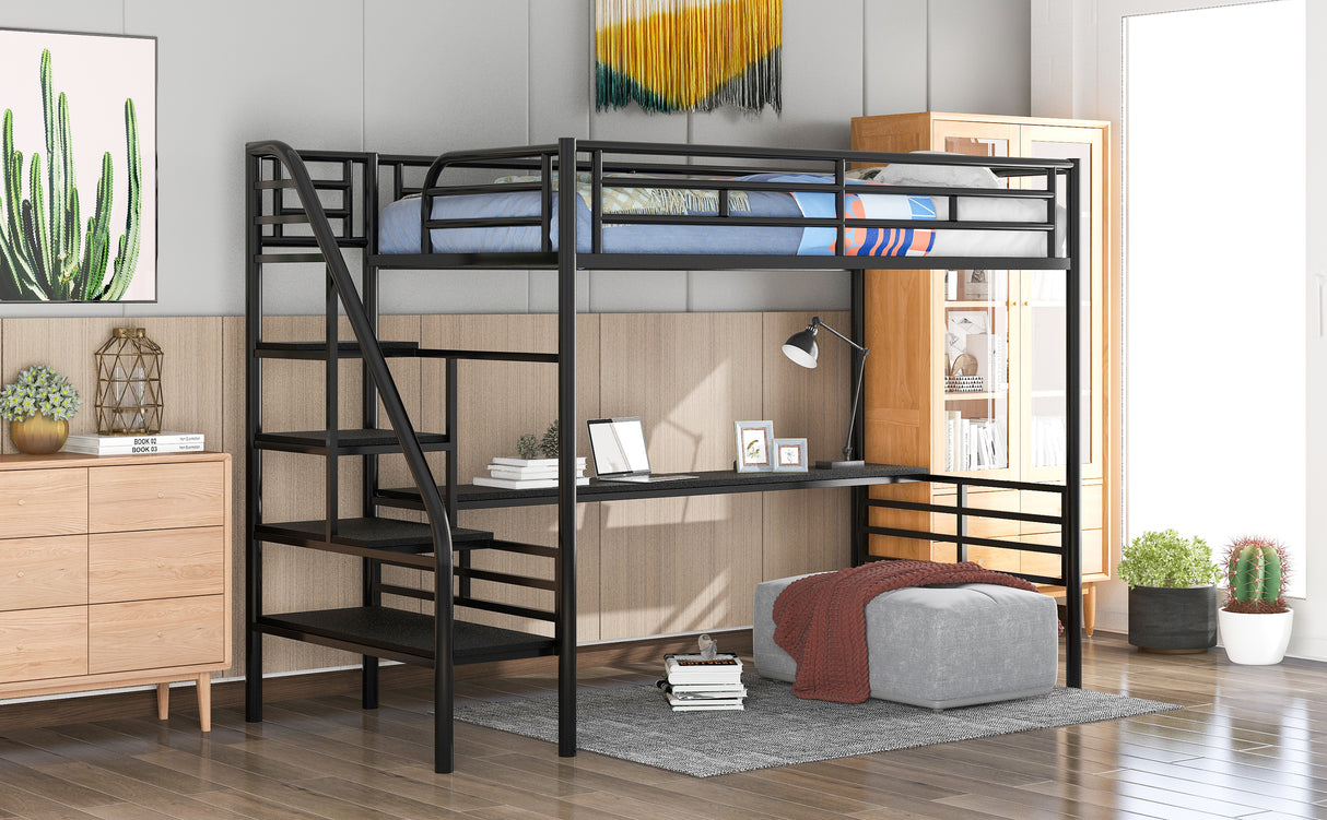 Metal Loft Bed Frame with Desk No Box Spring Needed Twin Black