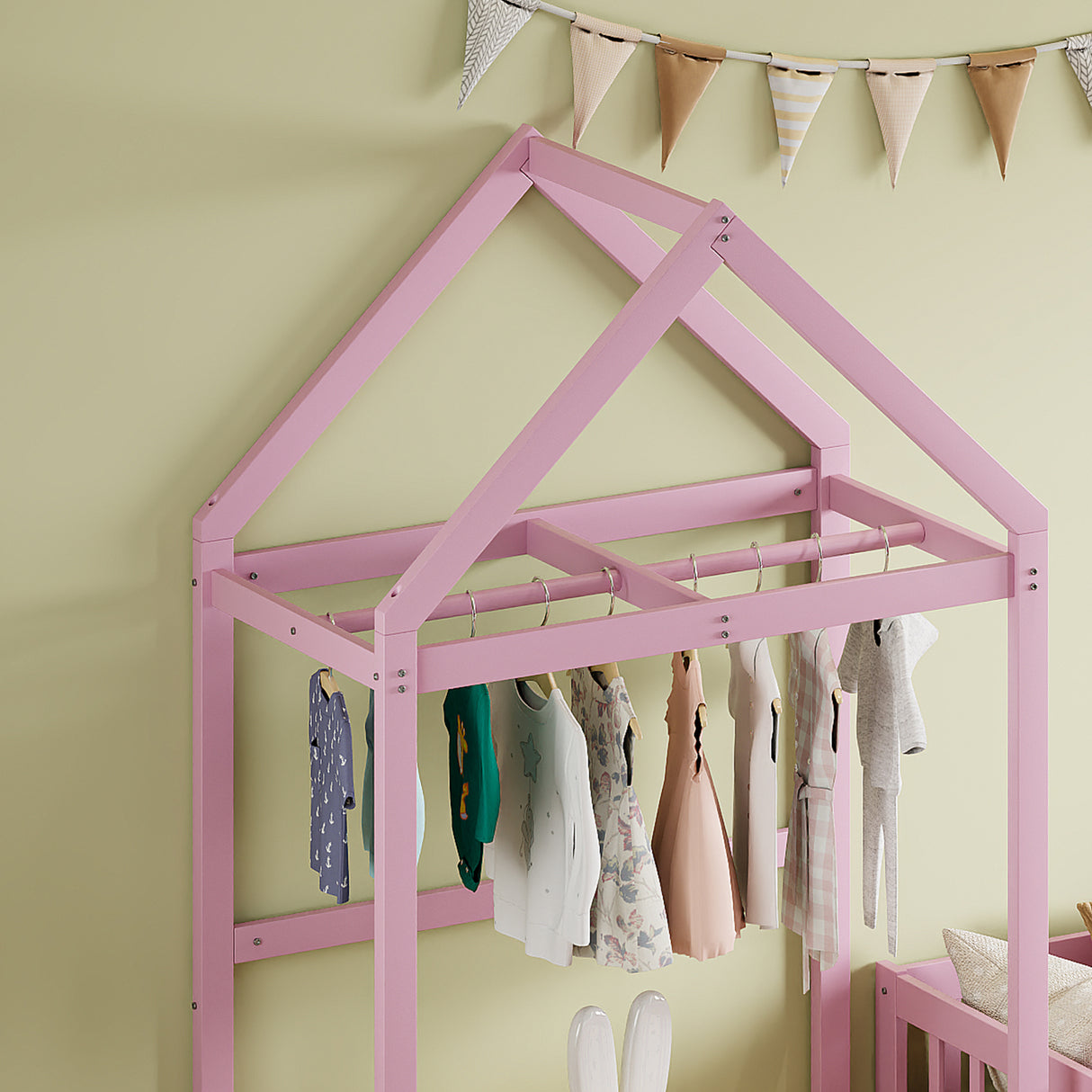 Wooden Twin Size Children's Bed with Detachable Headboard and Integrated Clothes Drying Rack, Pink - V.I.P Digital Presence