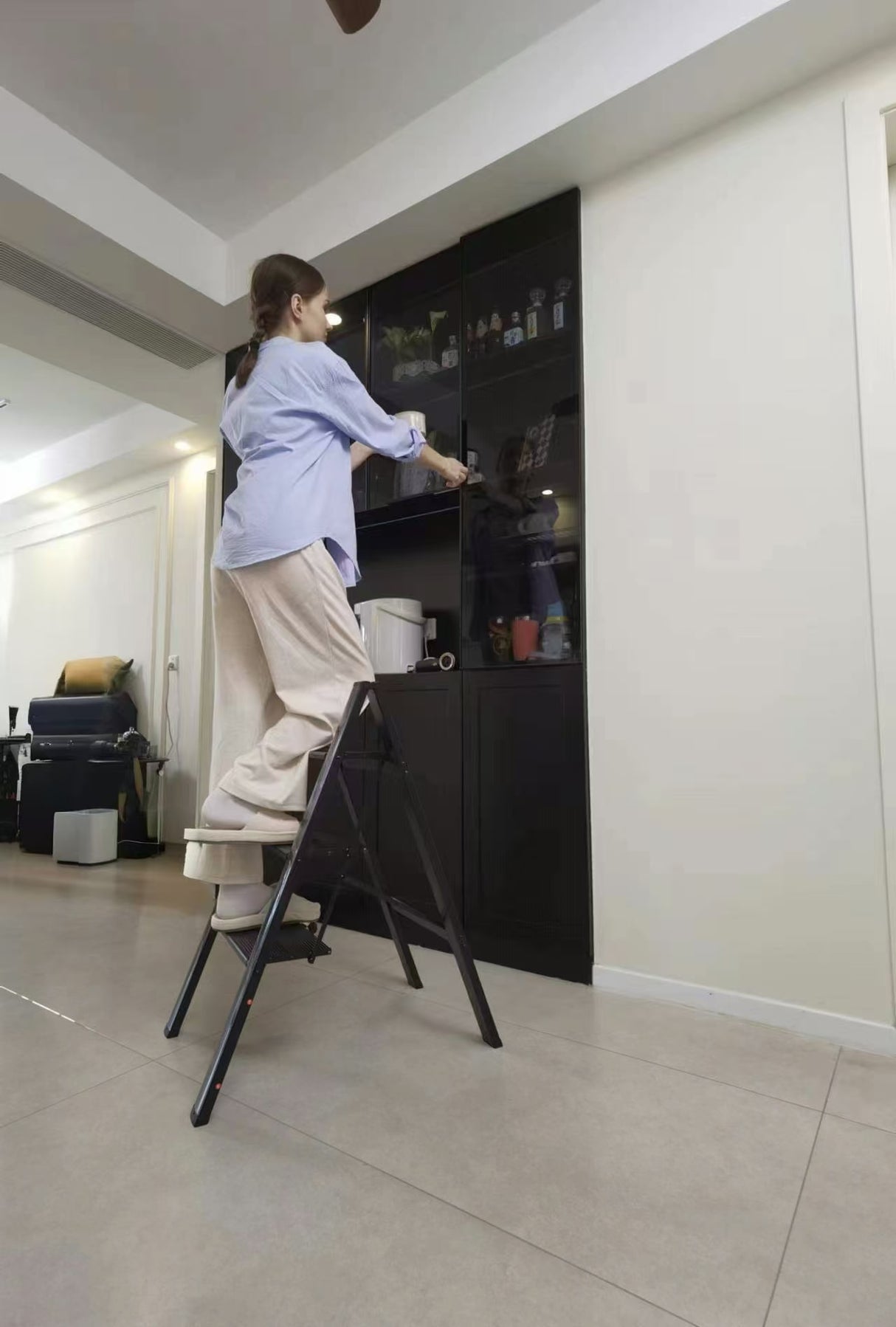 3 Step Ladder Aluminum Light Folding Step Bench Wide Non slip Pedal 300 lb Capacity Home Office Portable Ladder black - V.I.P Digital Presence