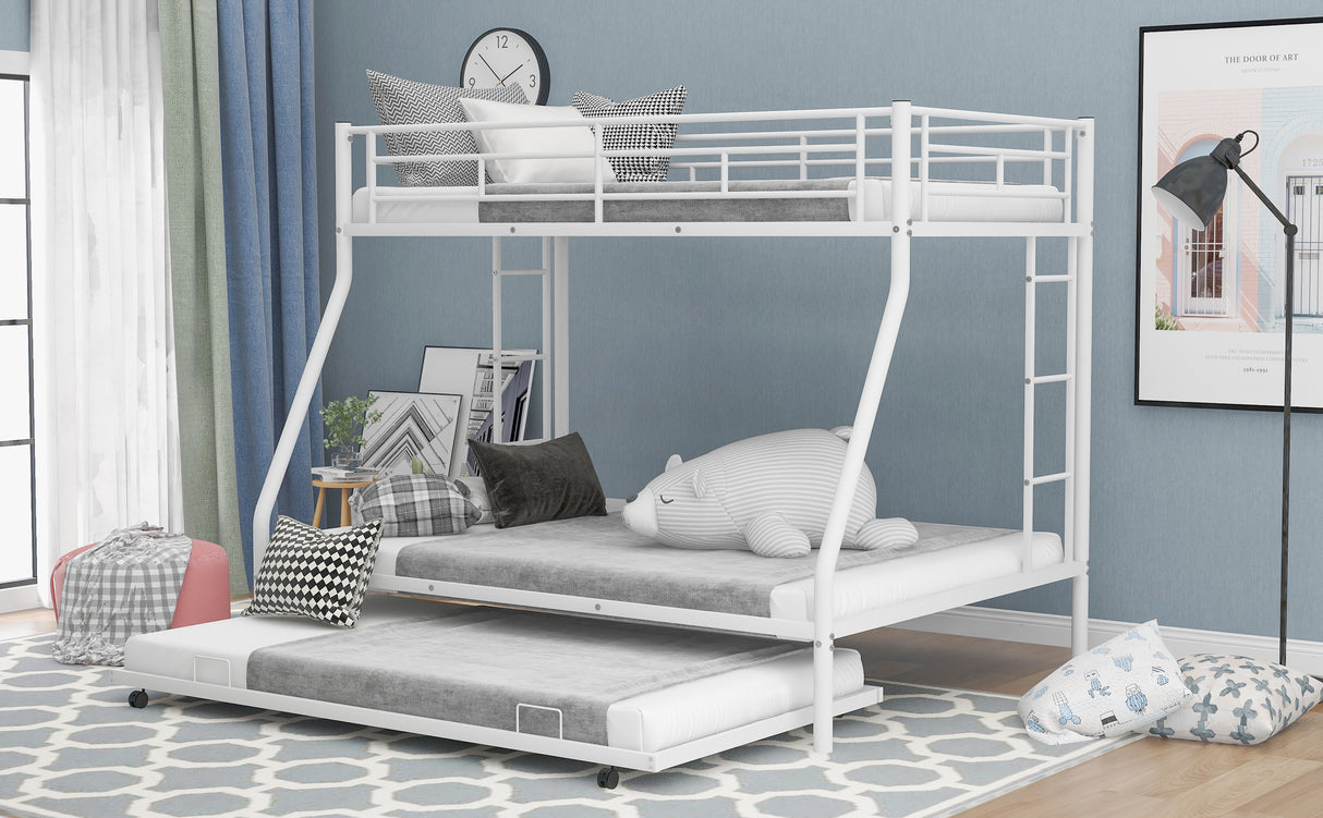 Twin over Full Bed with Sturdy Steel Frame Bunk Bed with Twin Size Trundle Two-Side Ladders White