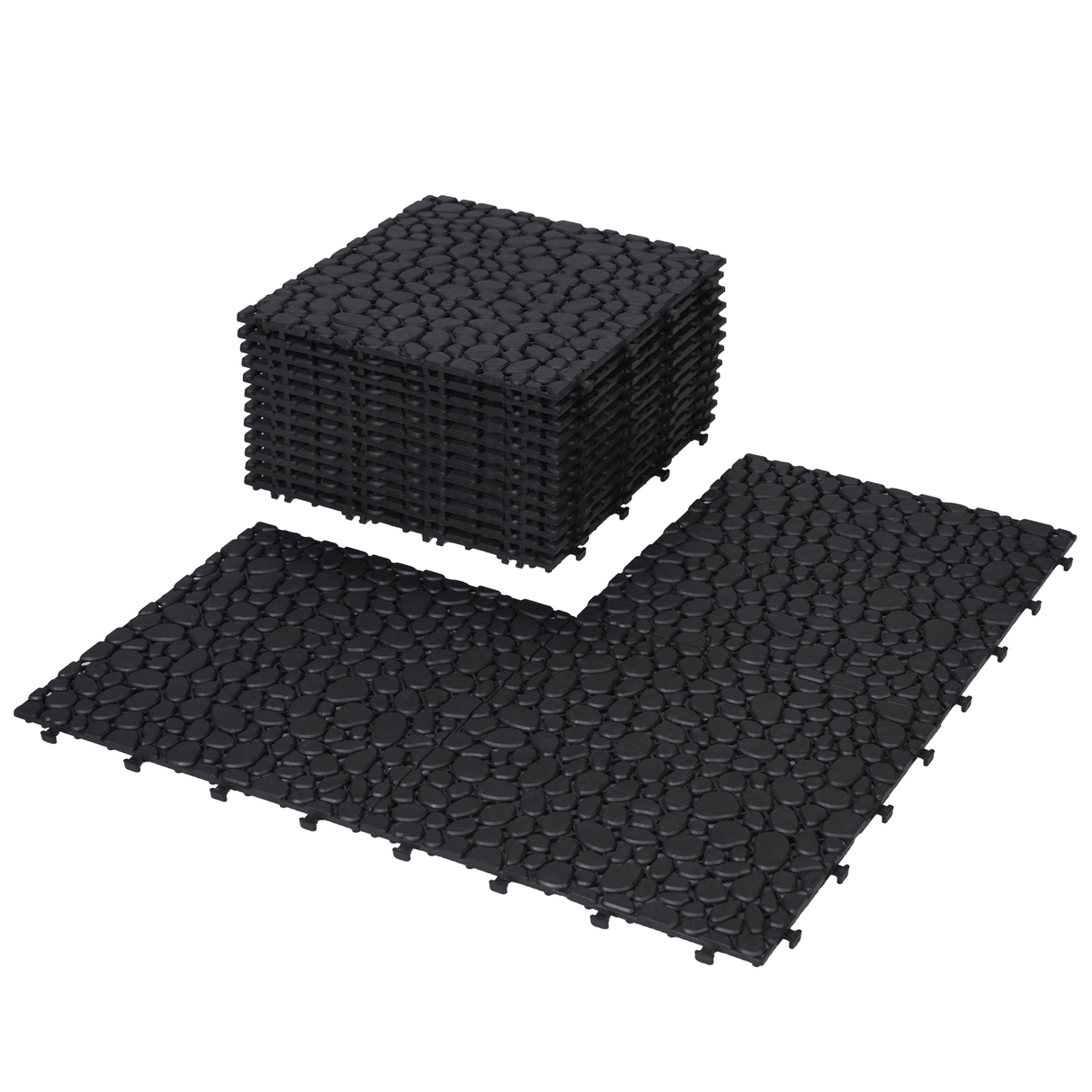 12 x 12 inch black interlocking deck tiles, plastic waterproofing, pebble pattern, pack of 12 - V.I.P Digital Presence