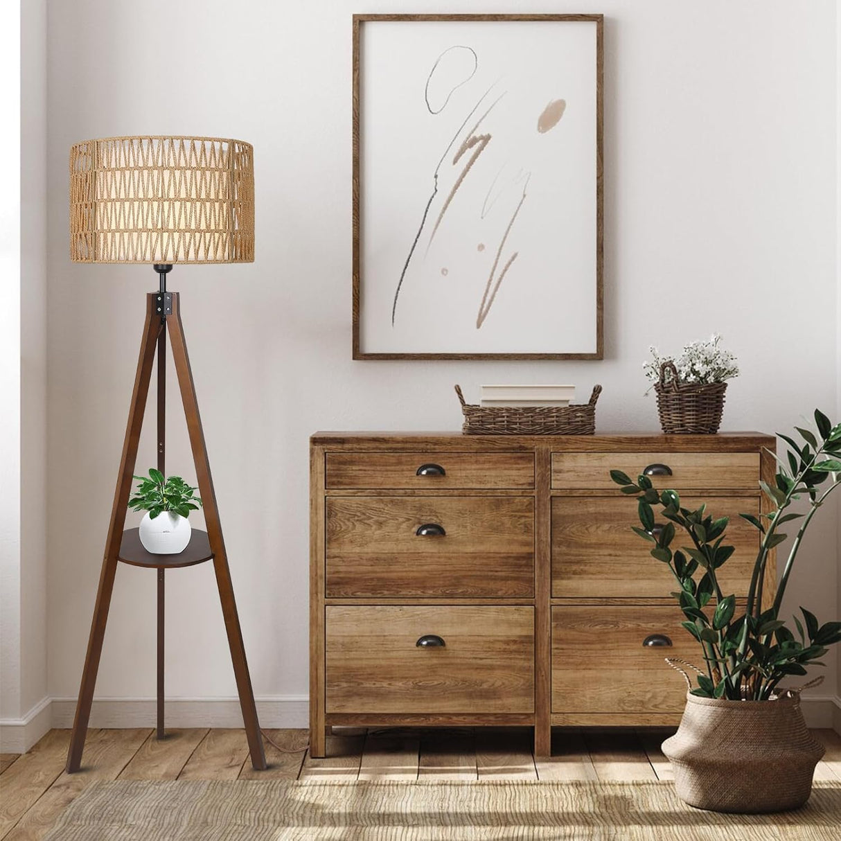 Boho Tripod Floor Lamp with Shelves, Mid Century Wood Standing Lamp with Rattan & Fabric Shades, ON/Off Foot Switch Office - V.I.P Digital Presence