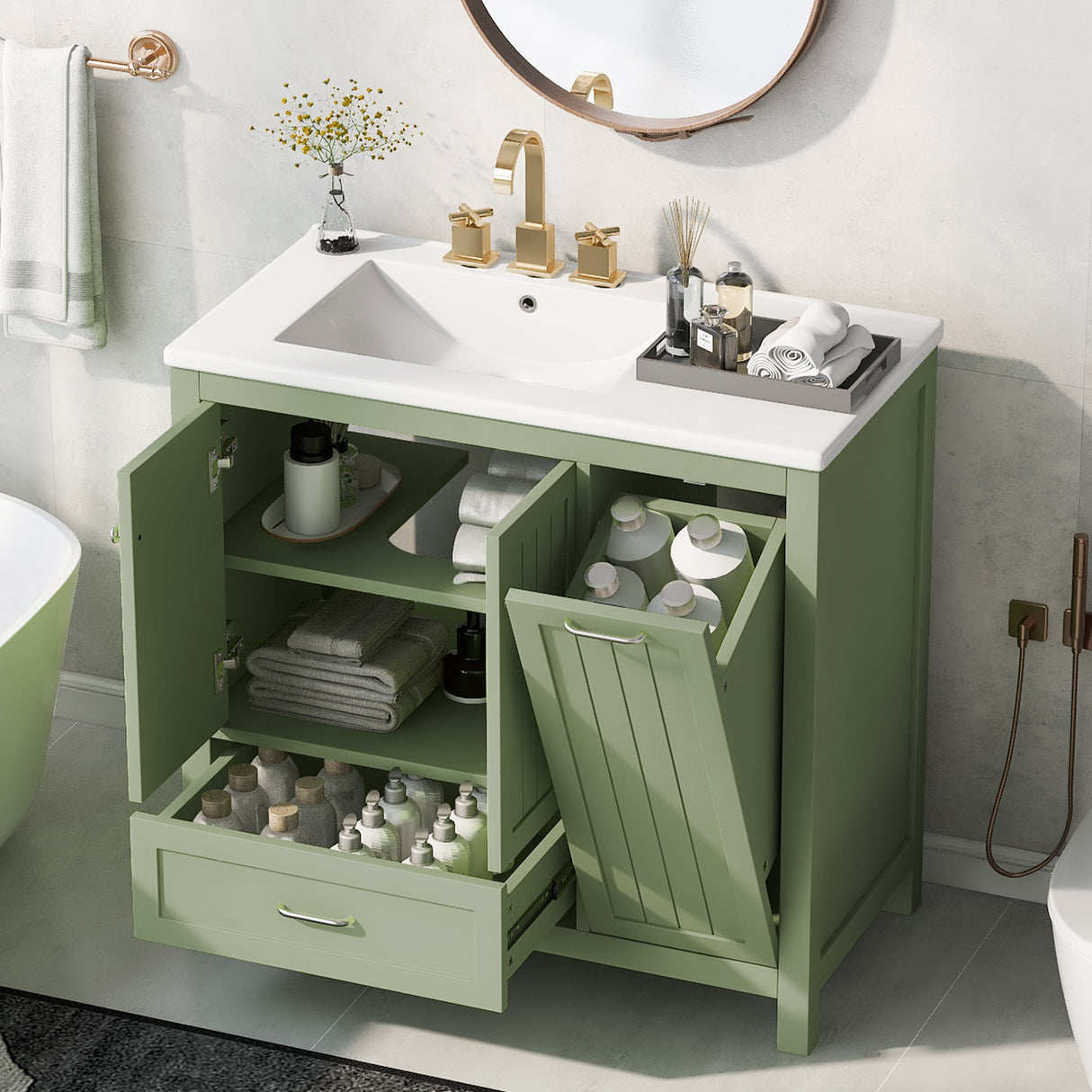 36 inch bathroom vanity with sink, one double door cabinet one large drawer and one flip drawer solid wood and MDF board, green - V.I.P Digital Presence